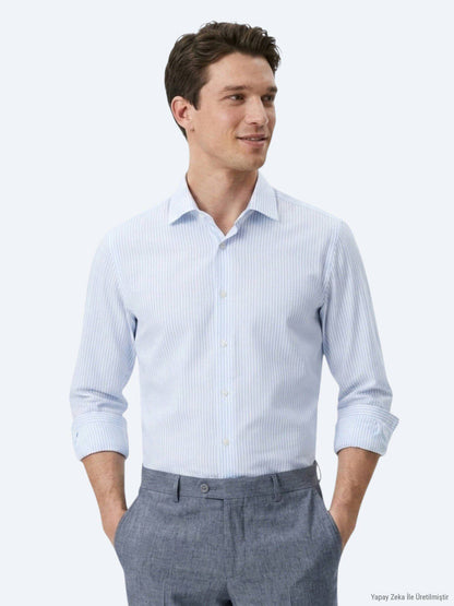 Hellblau Gestreiftes Regular Fit Baumwollhemd