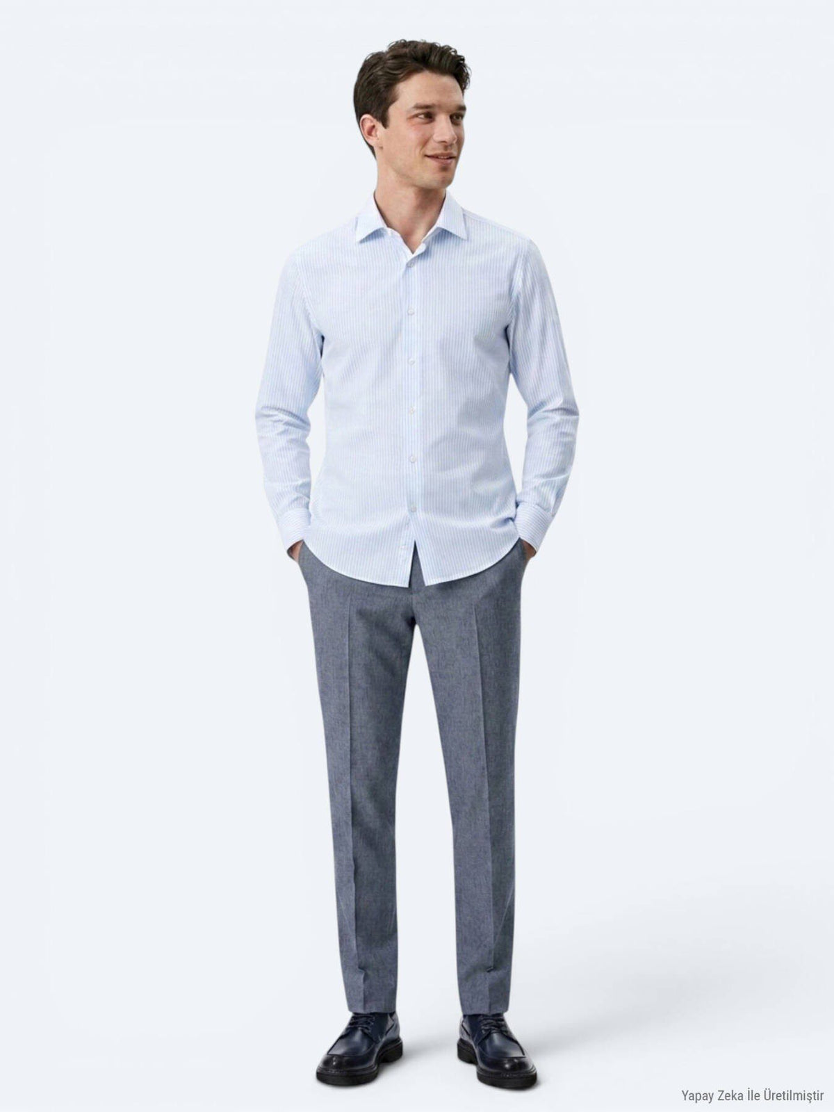 Hellblau Gestreiftes Regular Fit Baumwollhemd