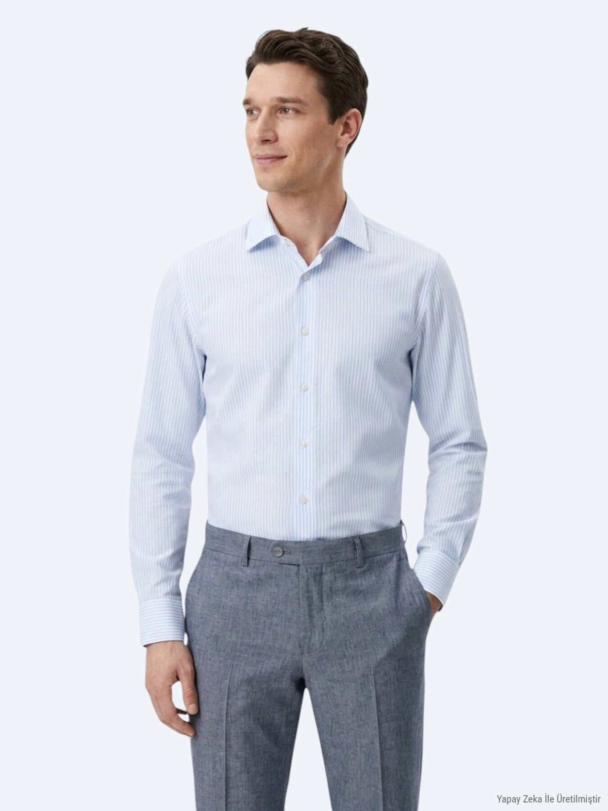 Hellblau Gestreiftes Regular Fit Baumwollhemd