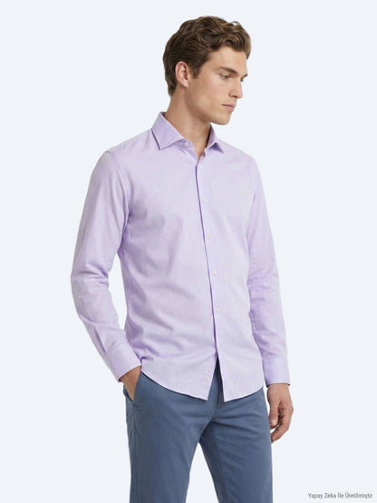 Lila Unifarben Regular Fit Baumwollhemd