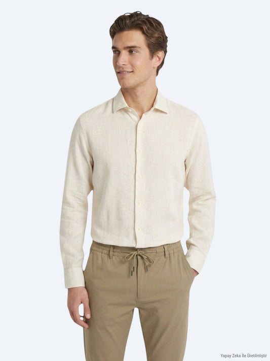 Beige Regular Fit Casual Baumwollhemd