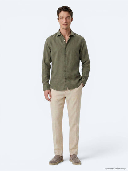 Khaki Regular Fit Casual Baumwollhemd