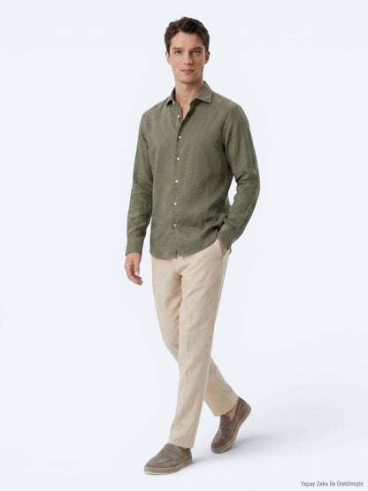 Khaki Regular Fit Casual Baumwollhemd