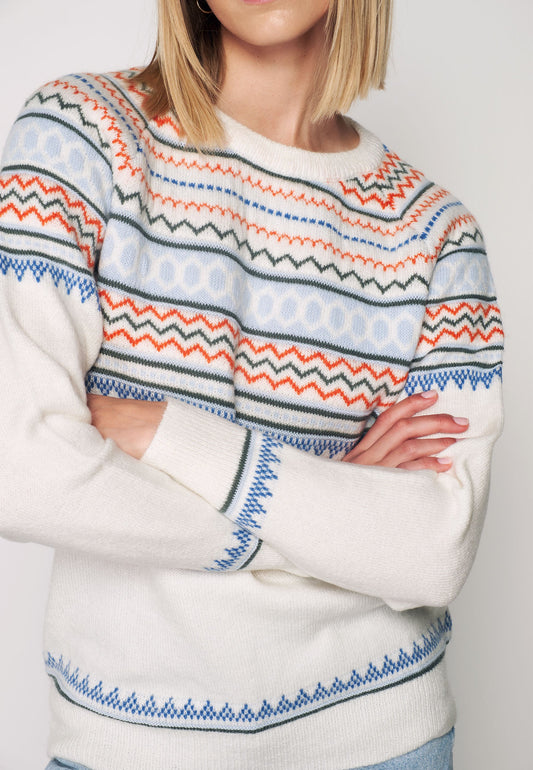 Soft Long Sleeve Blue Detailed Pullover - White