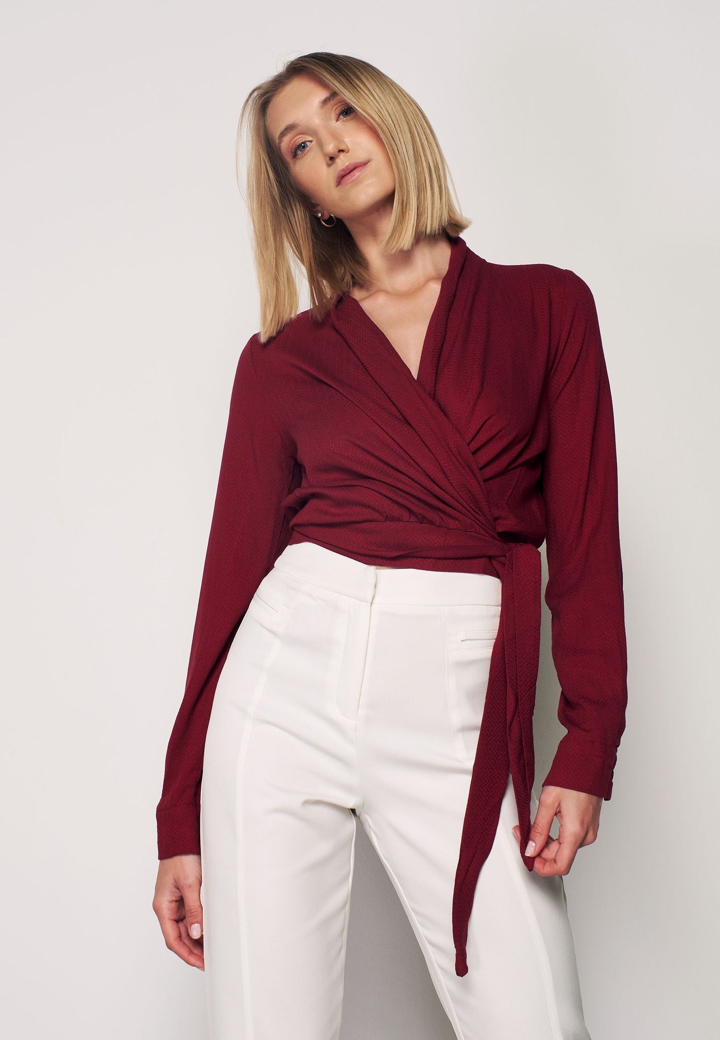 CREPE - Patterned Wrap Blouse - Burgundy