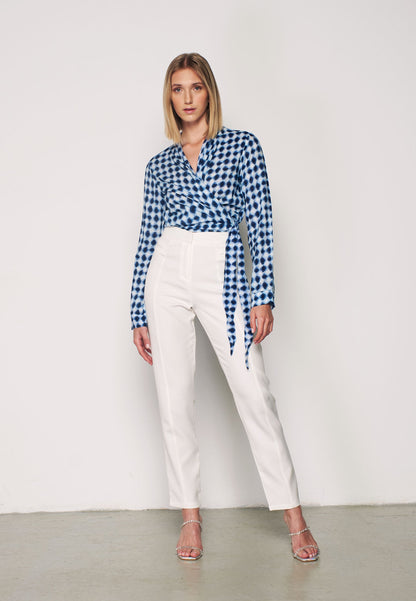 CREPE - Patterned Wrap Blouse - Blue & White