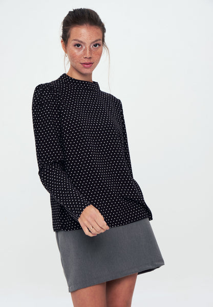 Standing Collar Long Sleeve Shirt Blouse - Black white spot