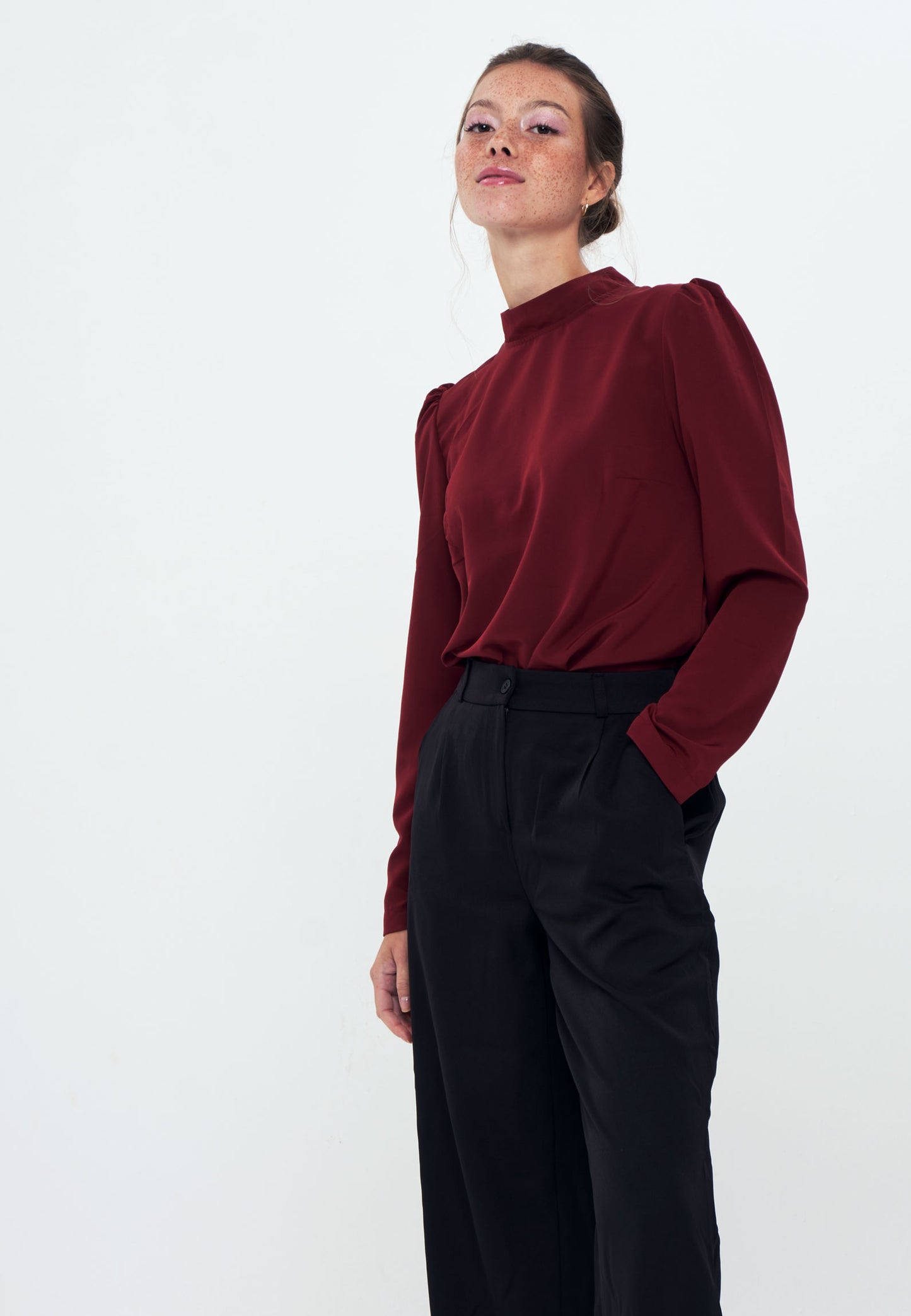 Standing Collar Long Sleeve Shirt Blouse - Burgundy