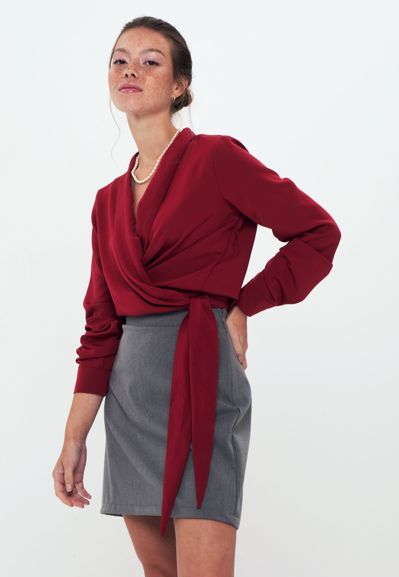 CREPE - Wrap Shirt Blouse - Burgundy