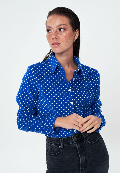 Herita Velvet Long Sleeve Shirt Blue white polka dot