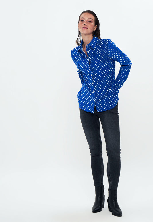 Herita Velvet Long Sleeve Shirt Blue white polka dot