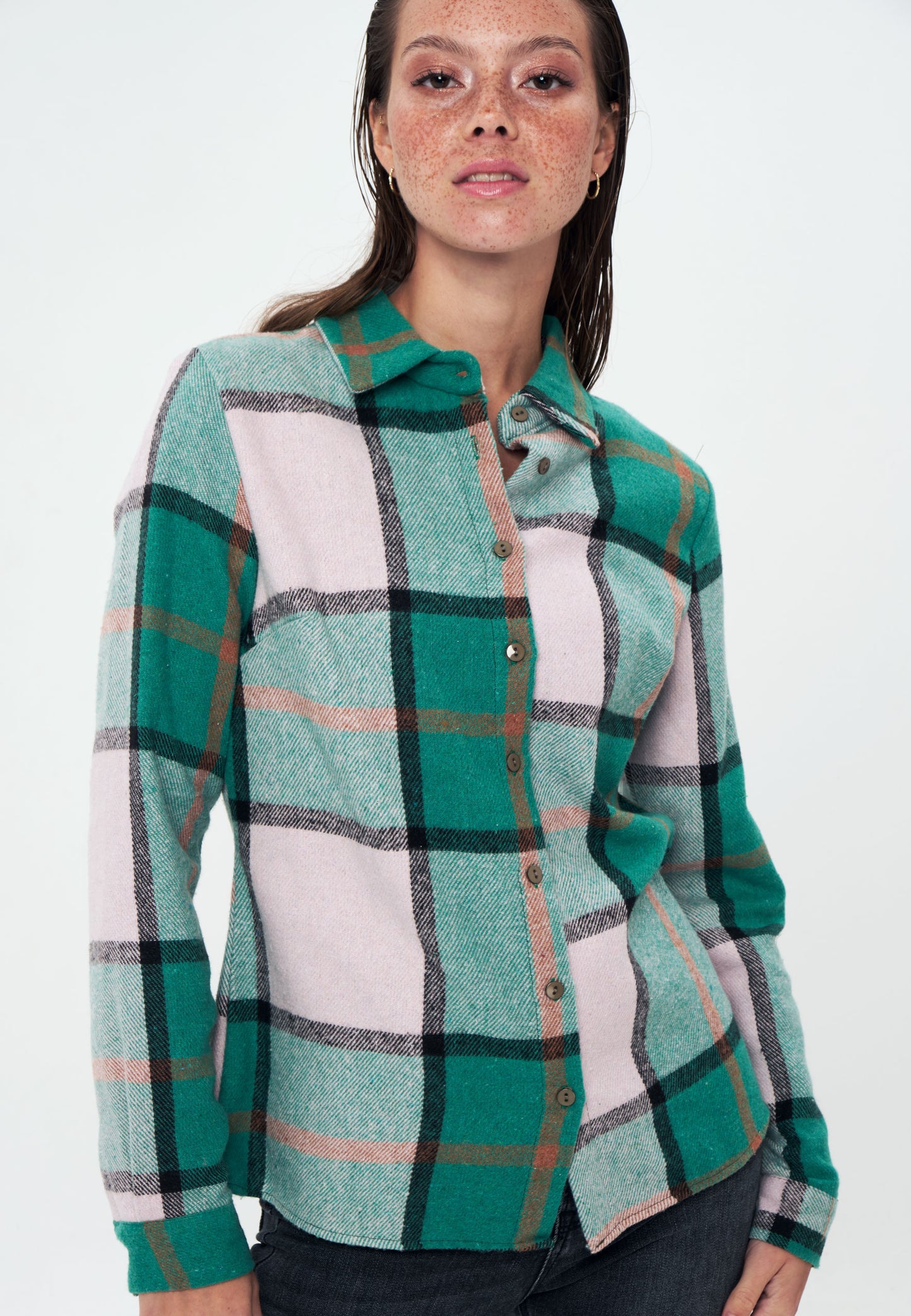 Cotton - Long Sleeve Shirt - Green beige check