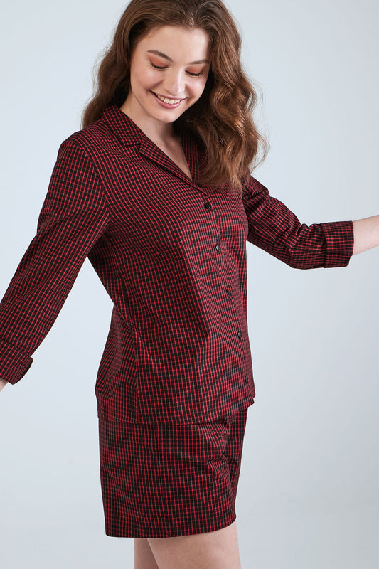 Partterned Shirt Long Sleeve Pyjama Set - Maroon