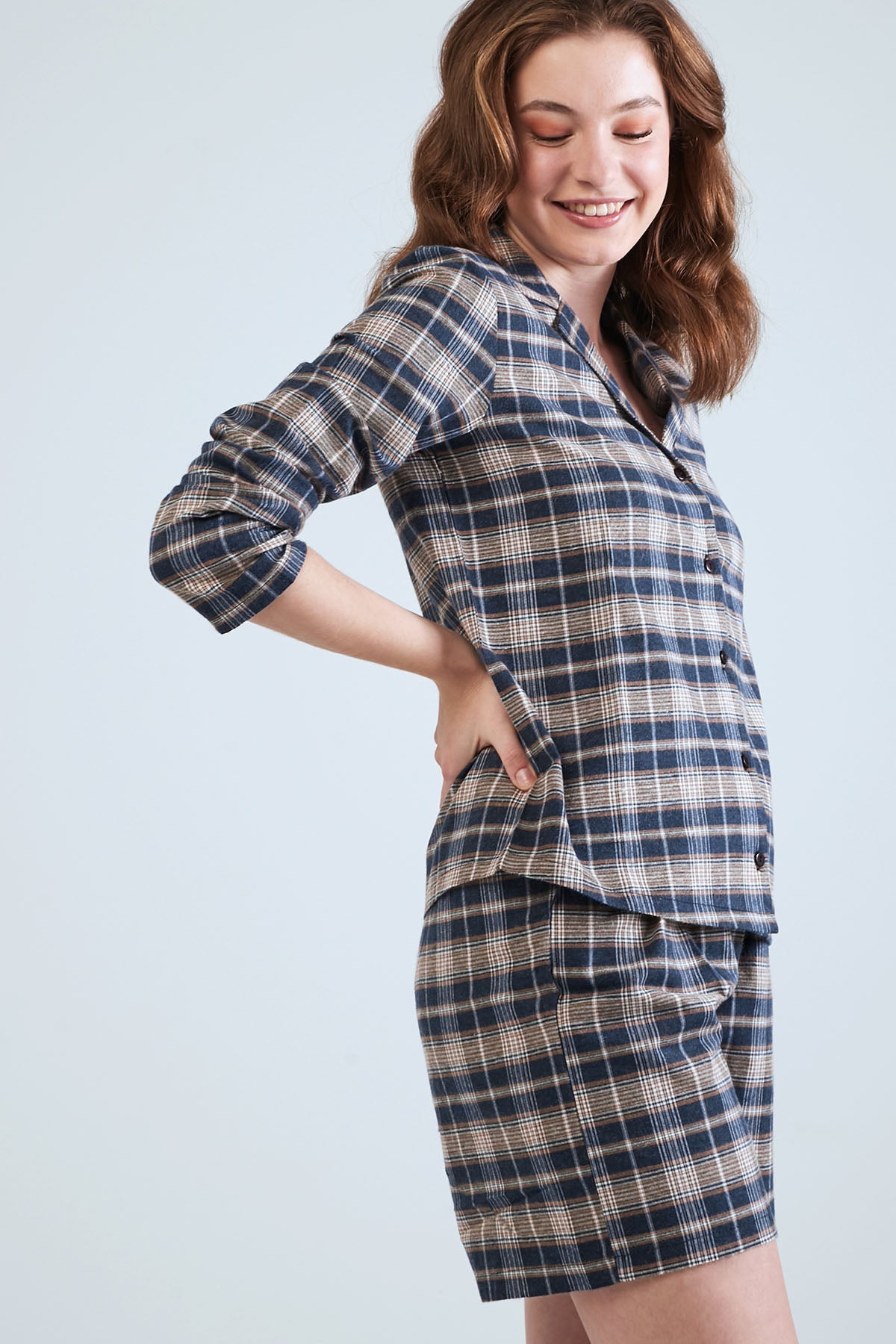 Partterned Shirt Long Sleeve Pyjama Set - Blue