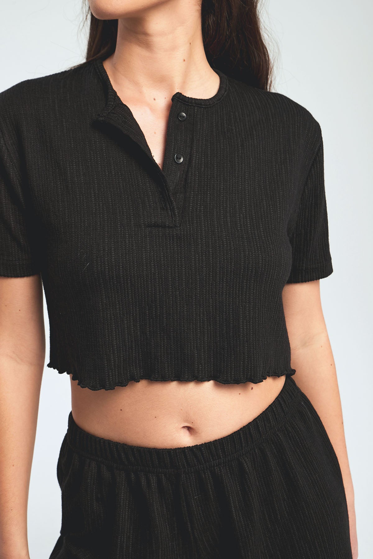 Cotton Crop Top Pyjama Set - Black