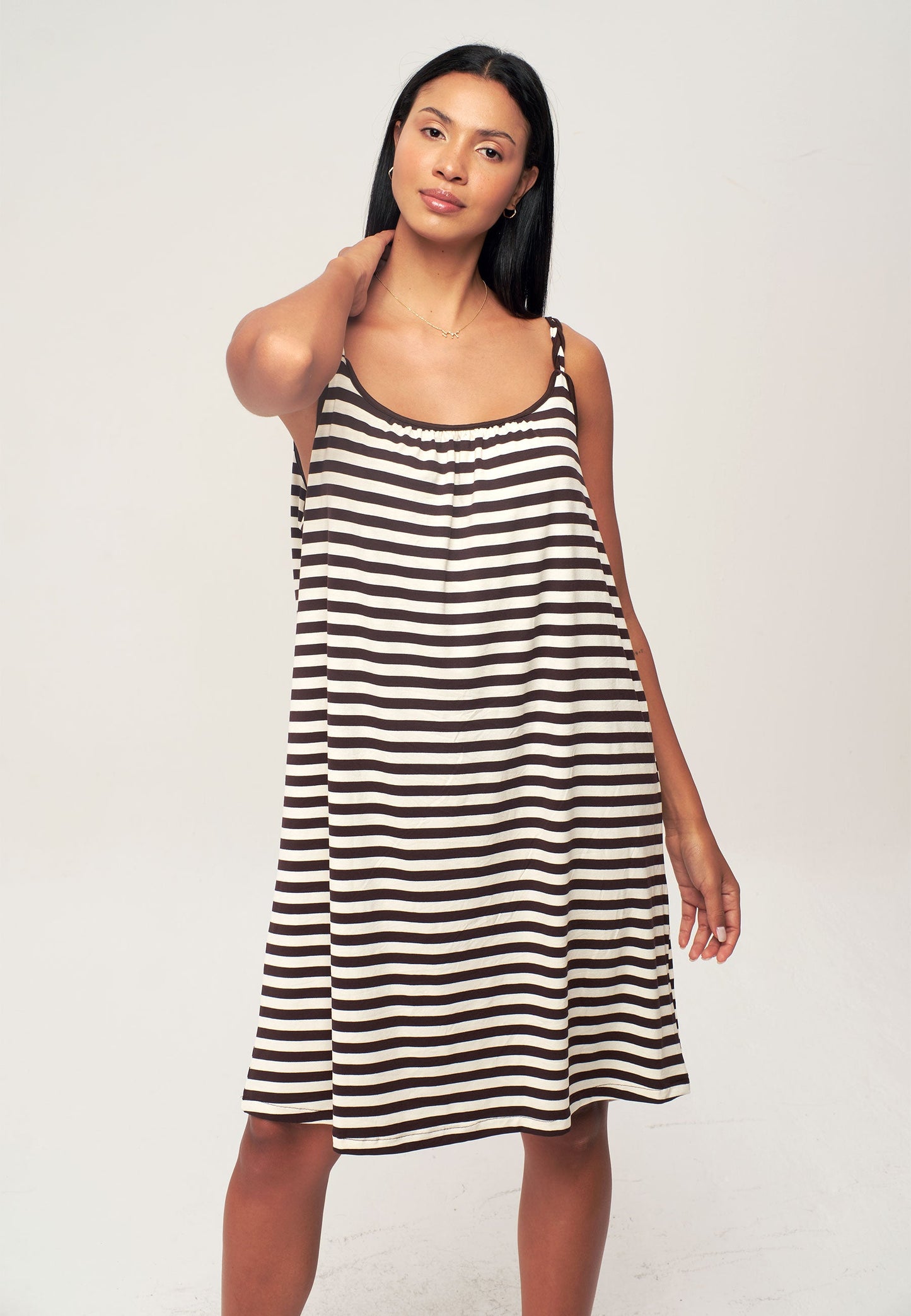 Dark Brown Striped Dress with Straps