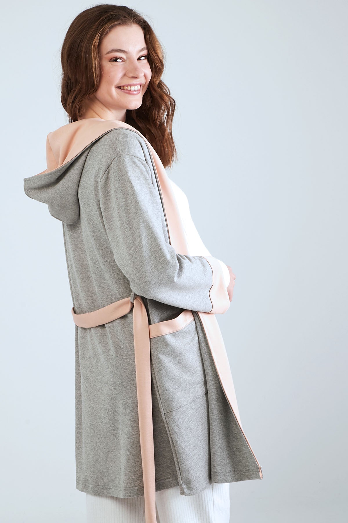 Grey Pink Cotton Dressing Gown