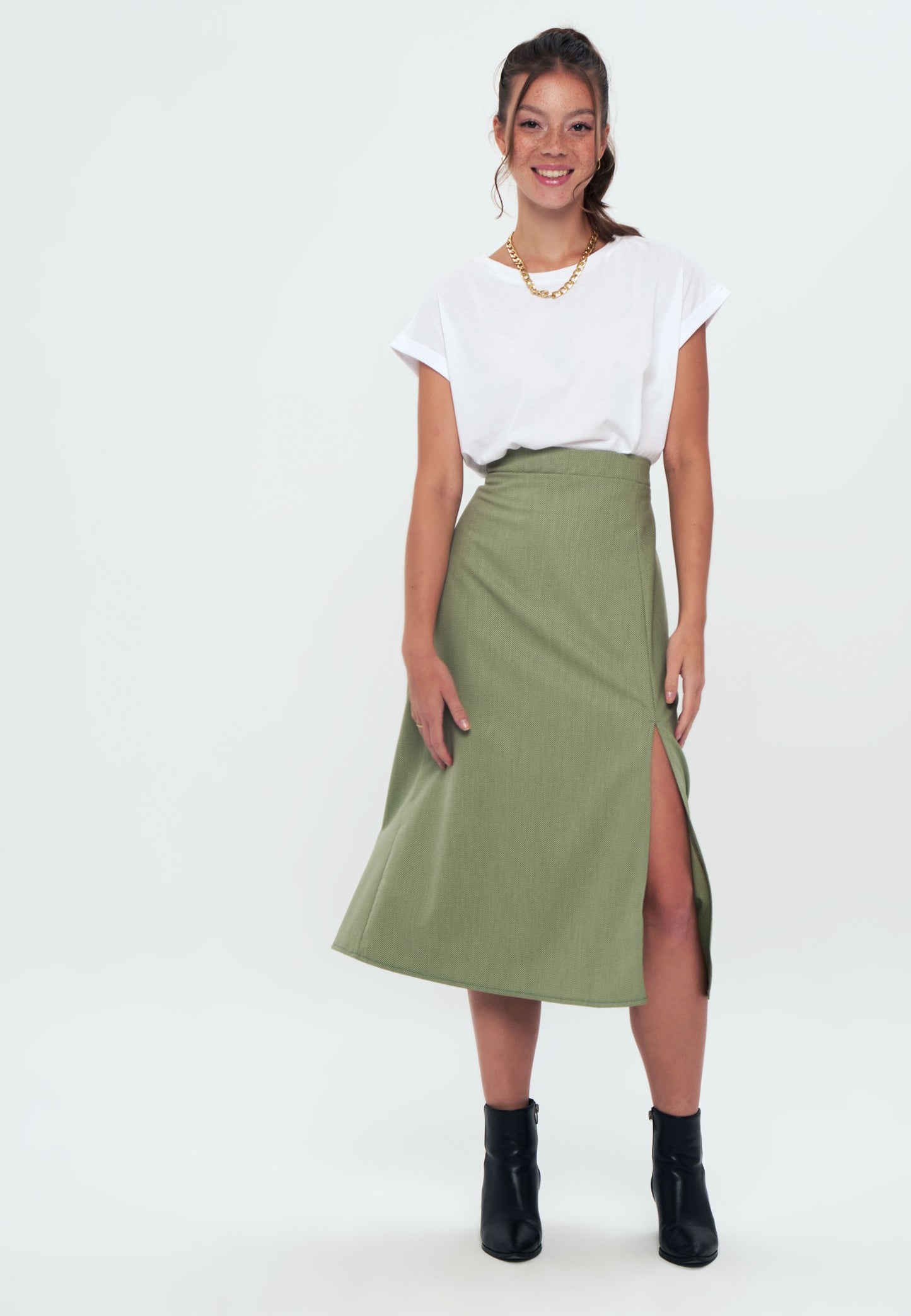 Front Slit Midi Skirt - Green