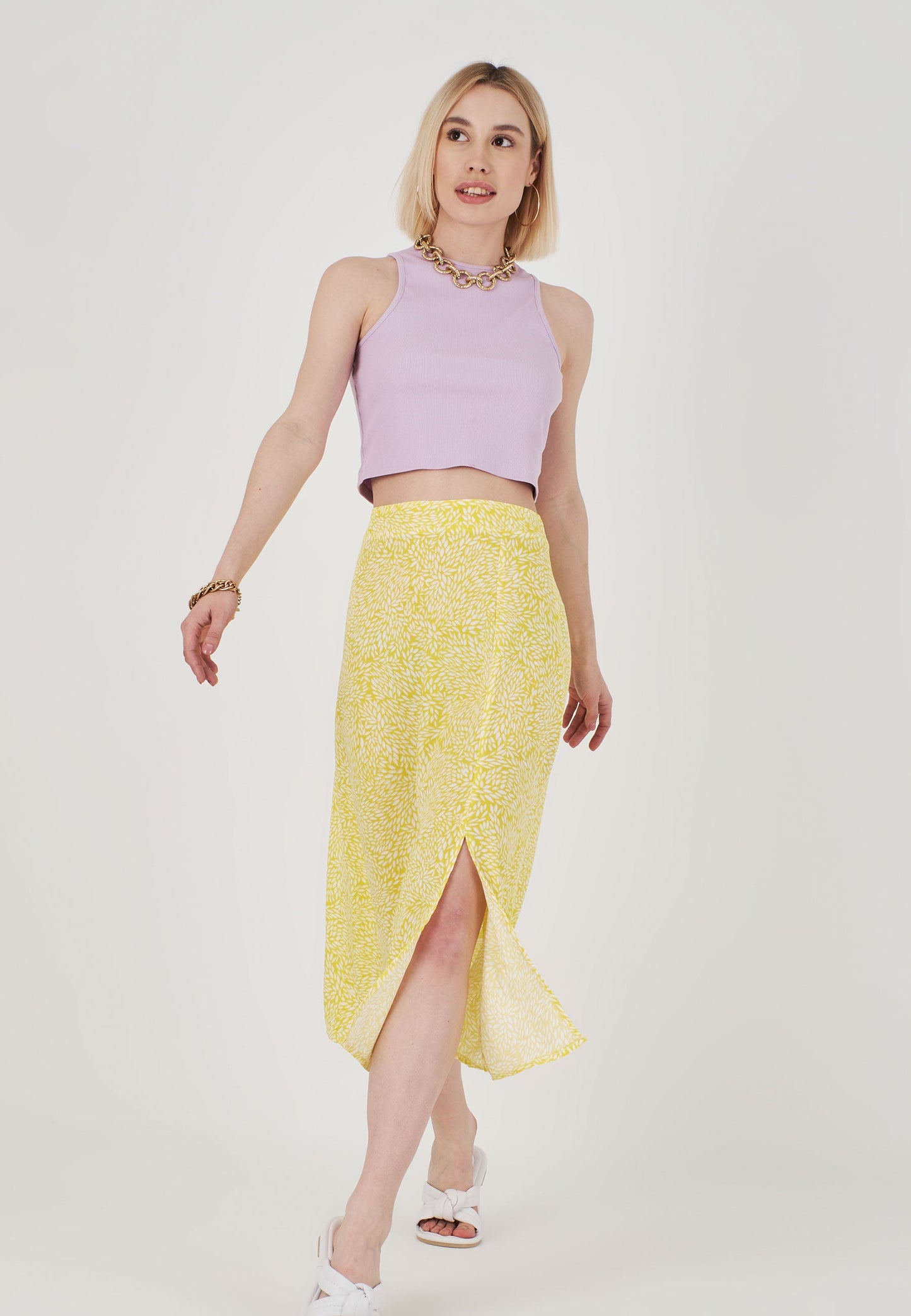 Yellow Patterned Skirt - White