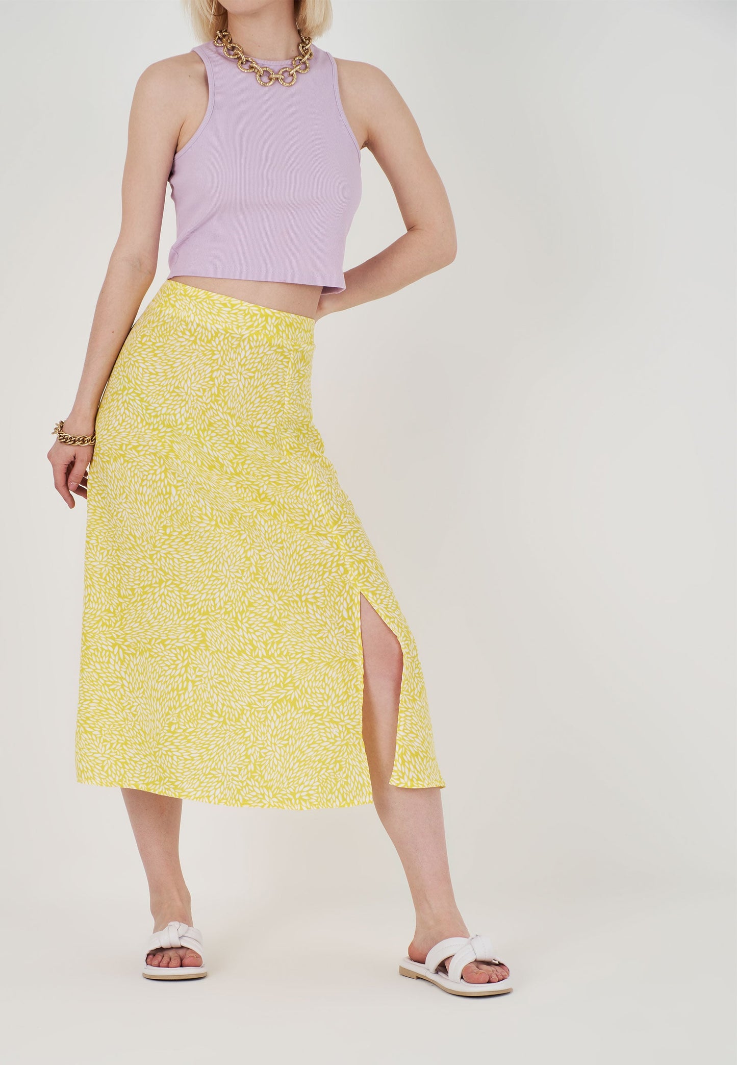 Yellow Patterned Skirt - White