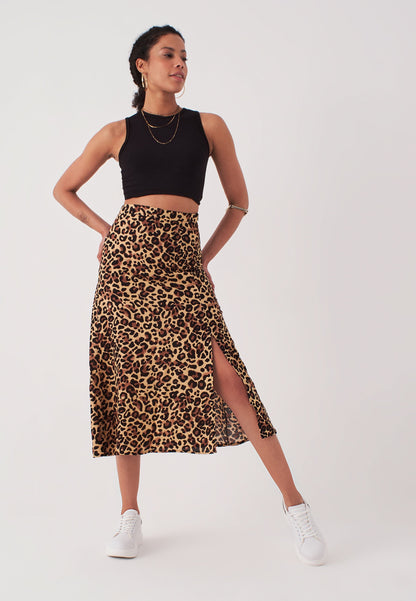 Women's Midi Length Leopard Print Skirt with Slits