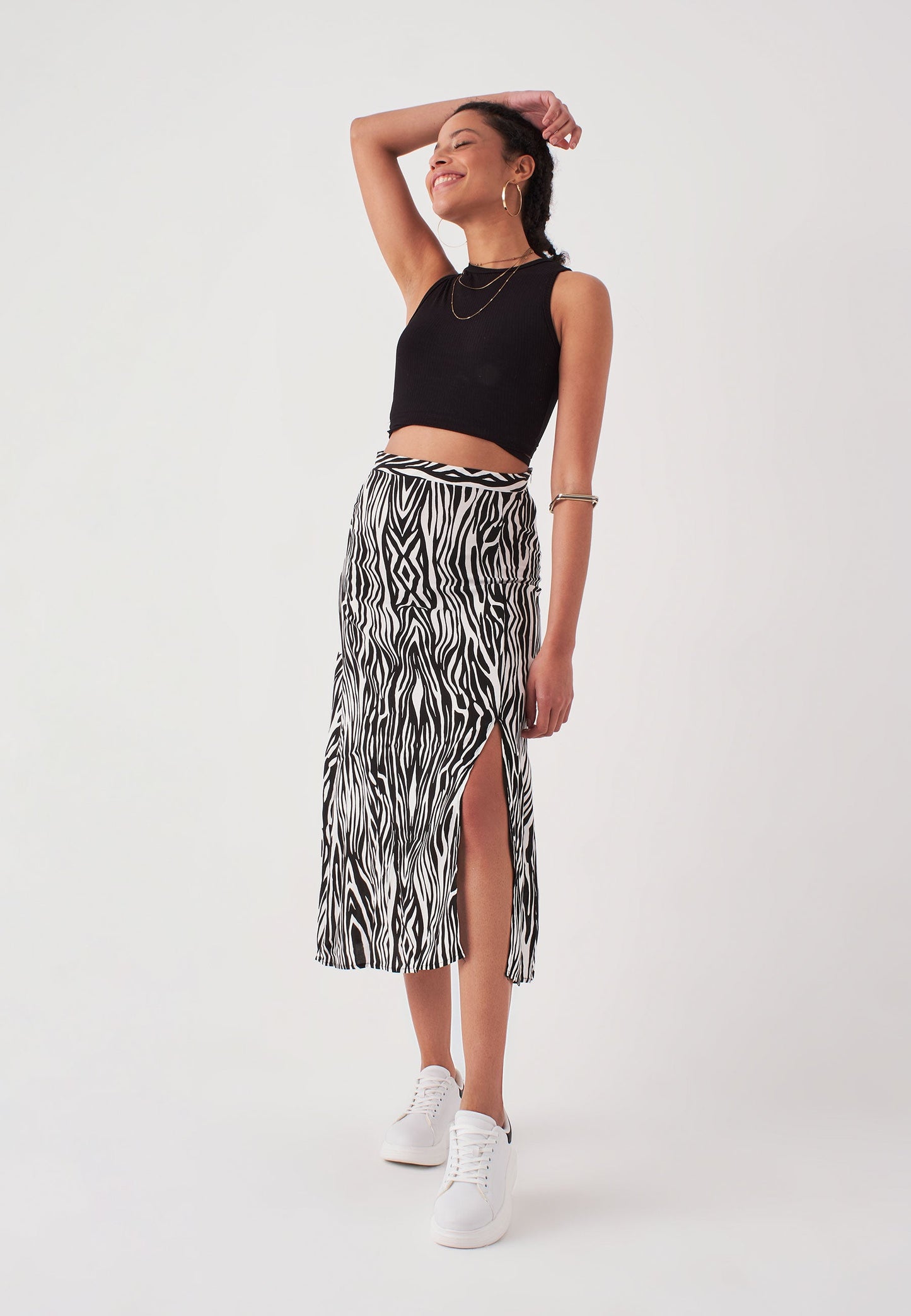 Women's Midi Length Zebra Print Skirt with Slits