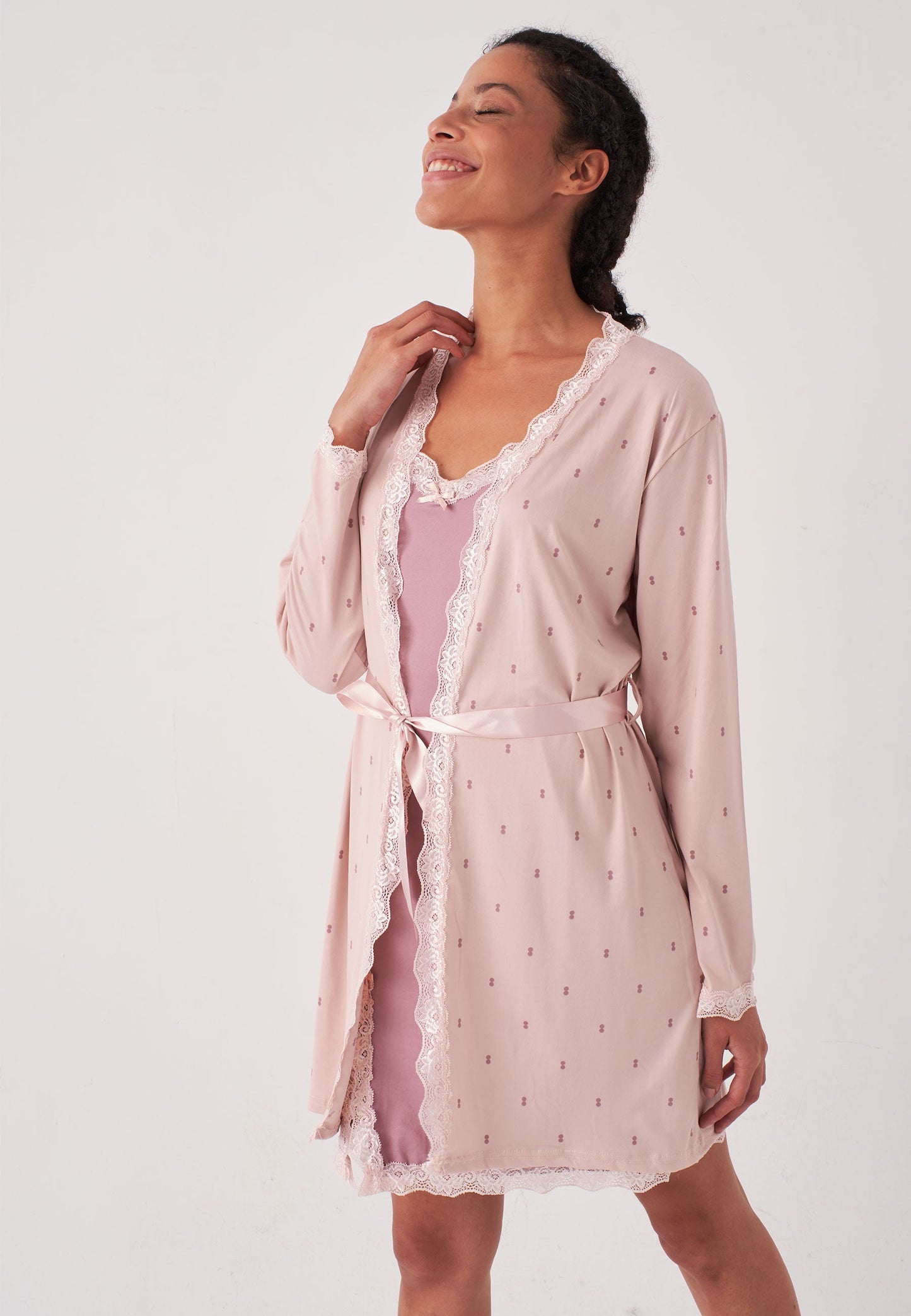 Herita Polka Dot & Lace Patterned Lace Dressing Gown 2 Piece Set