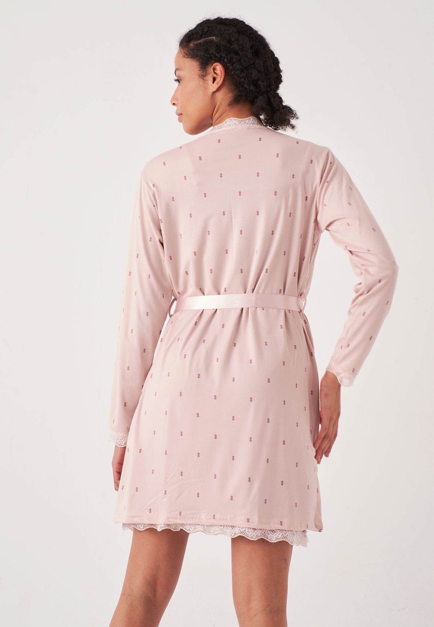 Herita Polka Dot & Lace Patterned Lace Dressing Gown 2 Piece Set