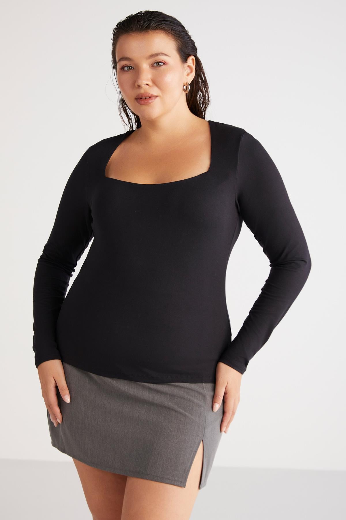 Damen Plus Size Bodycon Bluse eckiger Ausschnitt