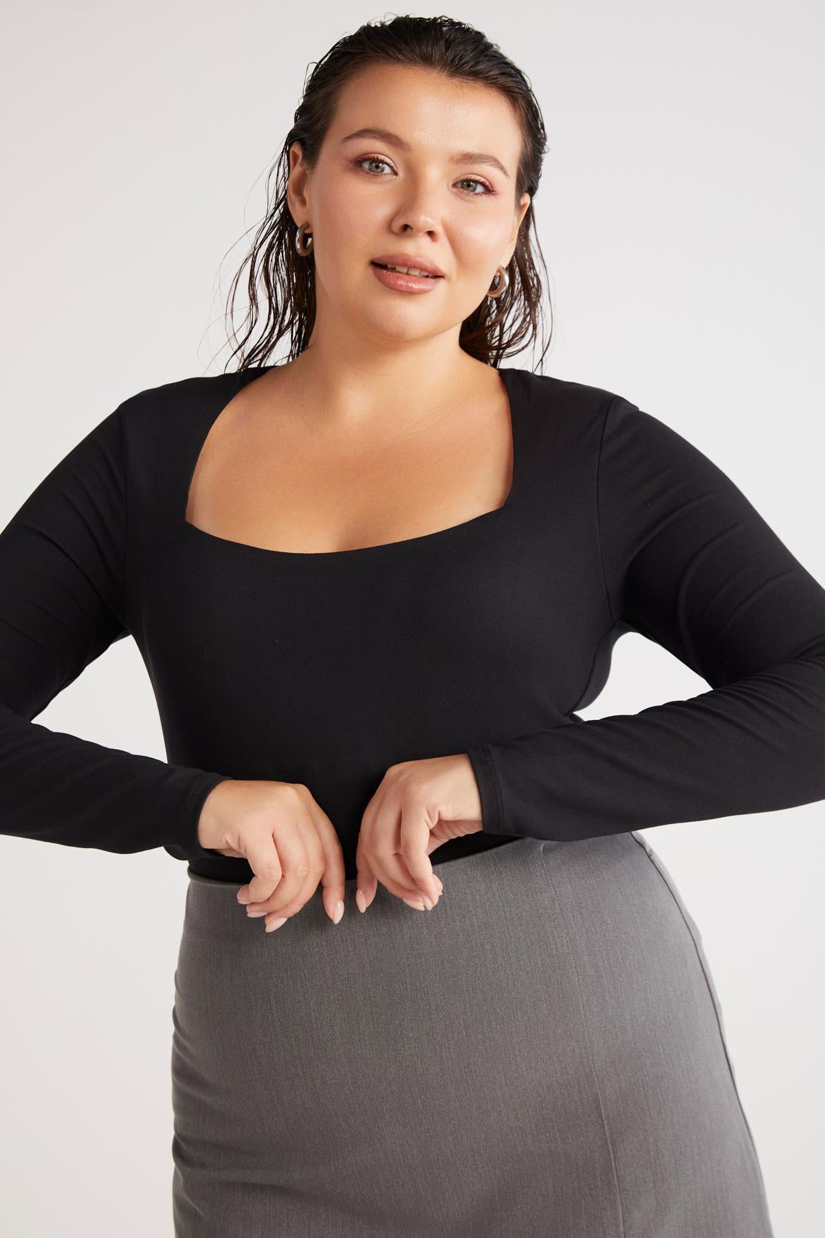 Damen Plus Size Bodycon Bluse eckiger Ausschnitt