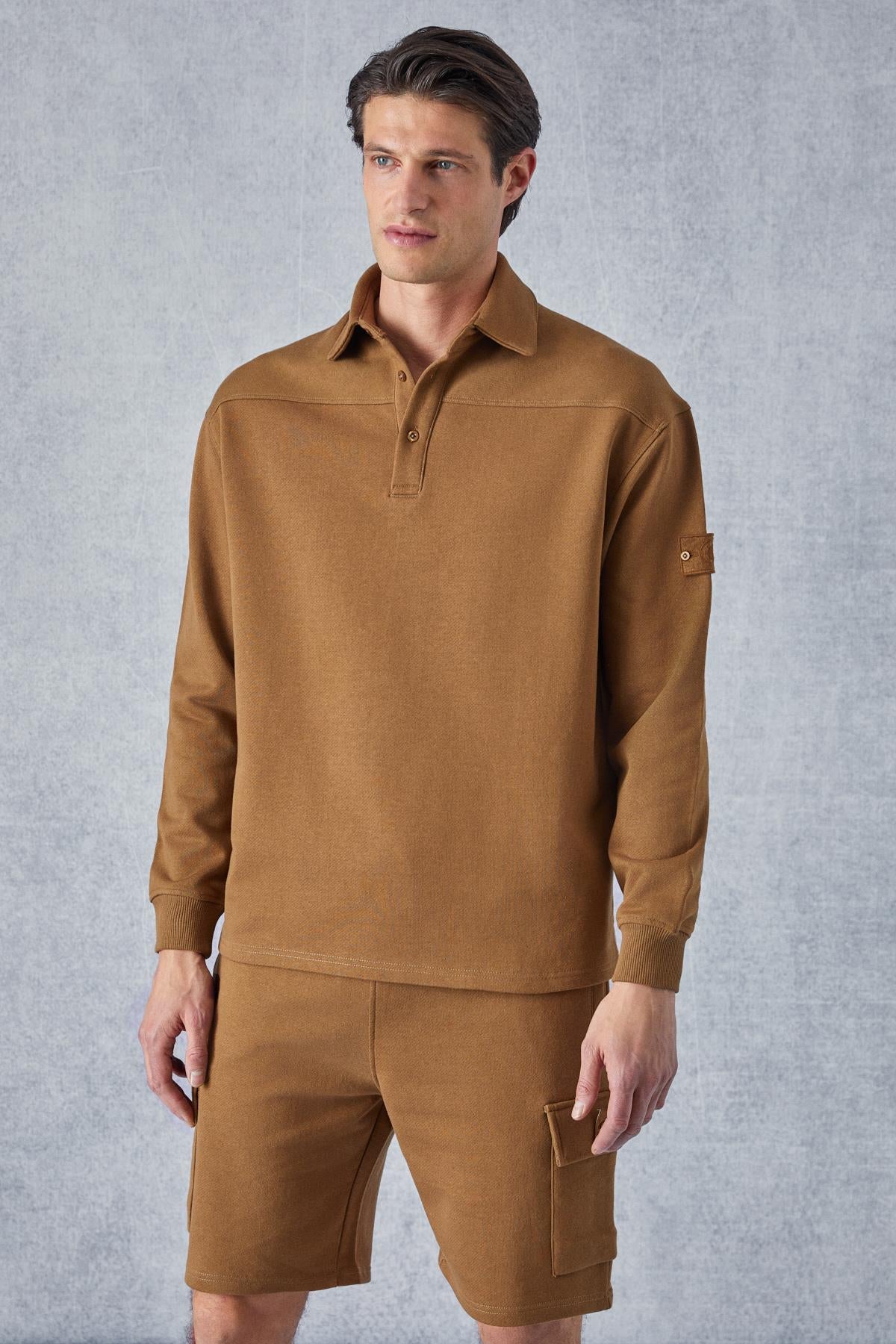 GRIMELANGE AATROX Herren Polo-Kragen Sweatshirt Dunkelbraun
