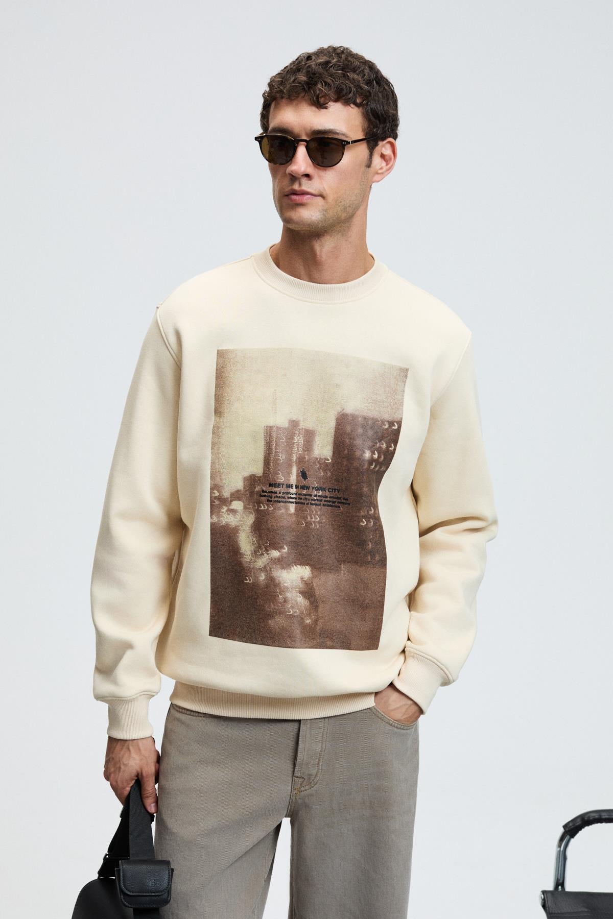 GRIMELANGE Herren Sweatshirt Rundhals Frontdruck Ecru