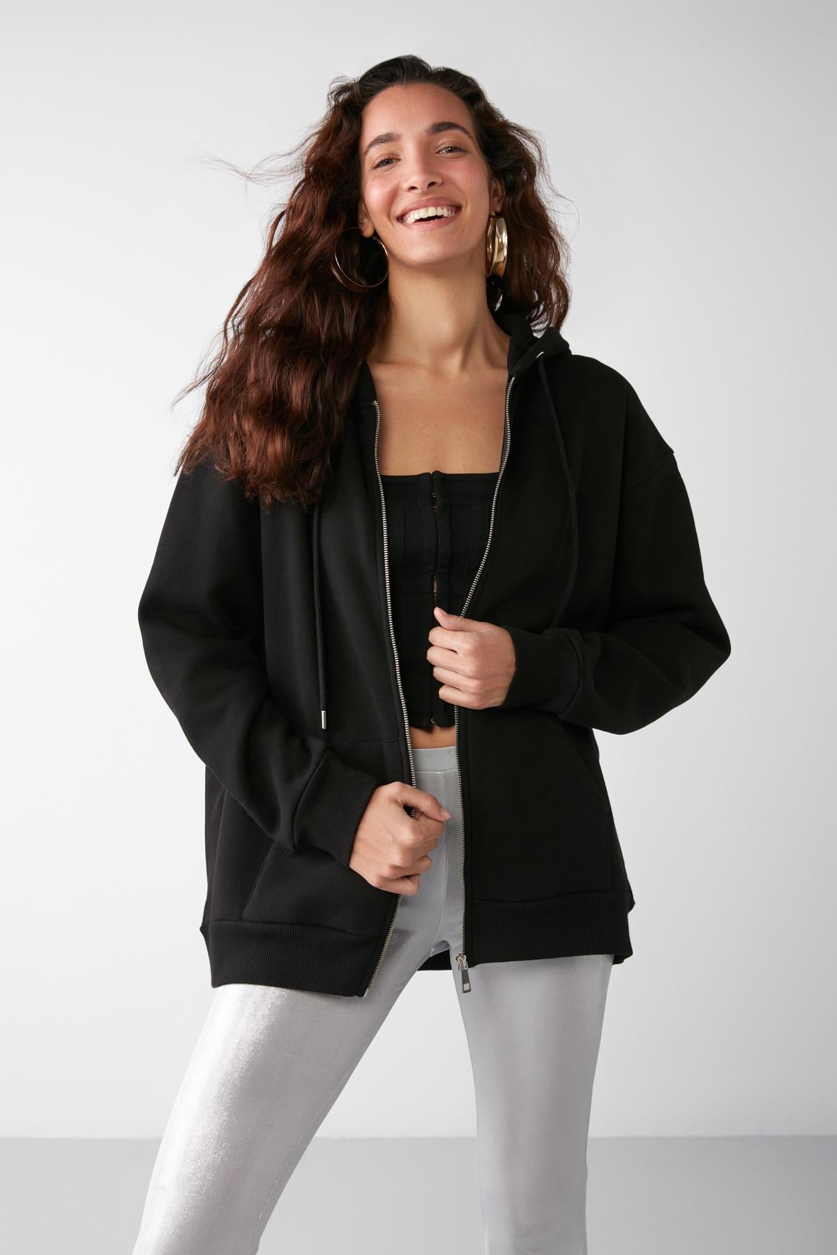 GRIMELANGE ALENA Damen Oversized Zip-Hoodie Schwarz