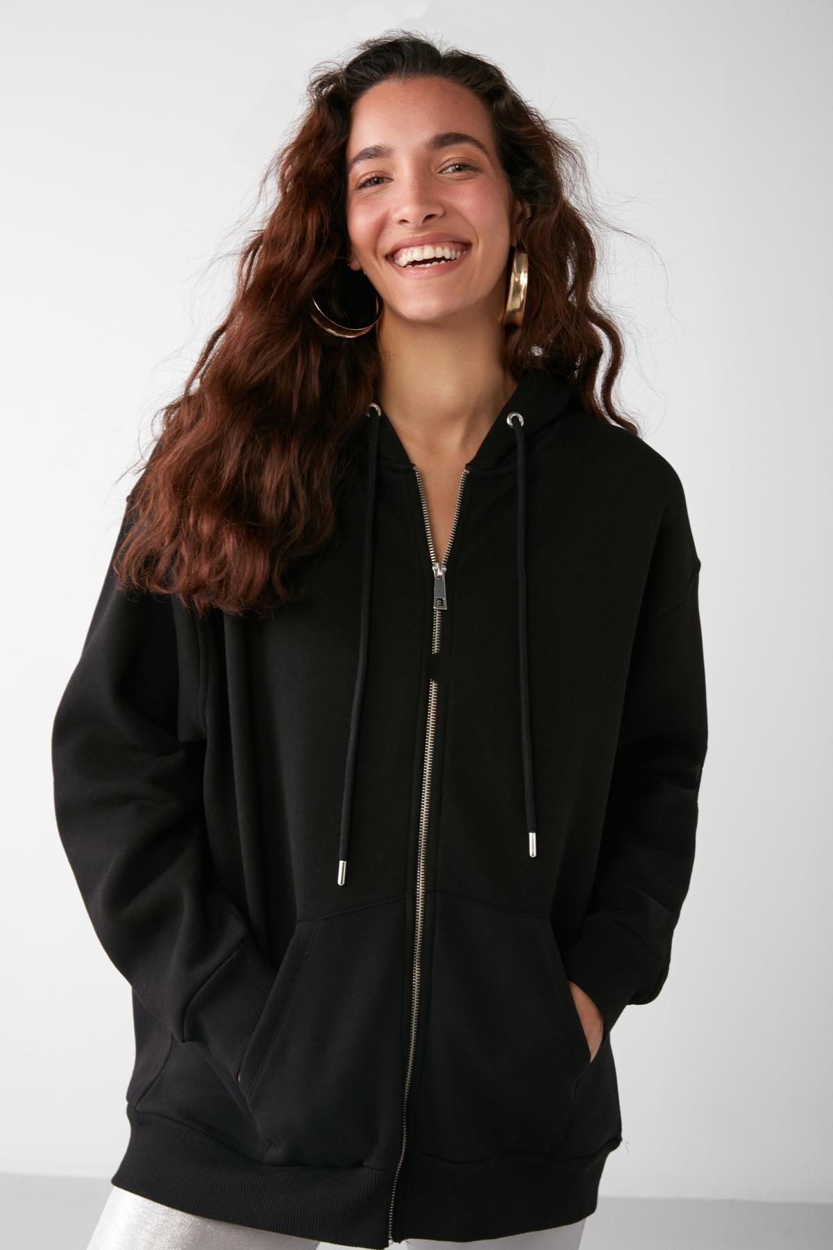 GRIMELANGE ALENA Damen Oversized Zip-Hoodie Schwarz