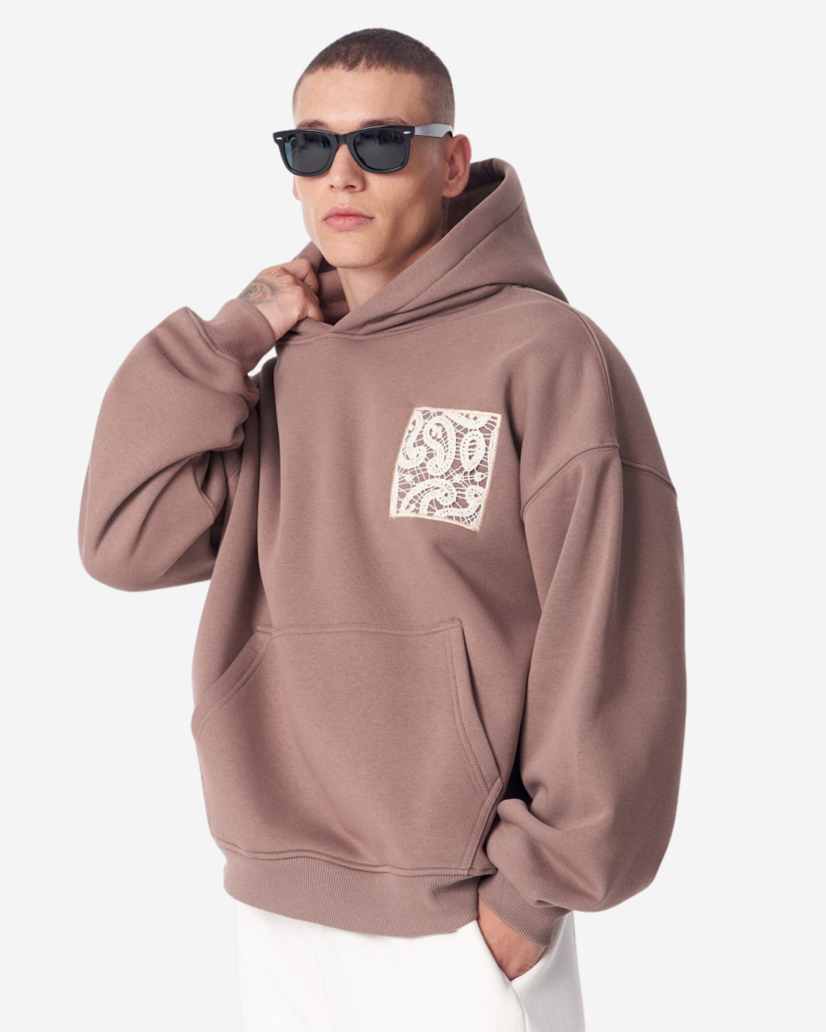  Kapuzenpullover3D bestickter Kapuzenpullover Weiß - Aplike Dantel Kapuzenpullover