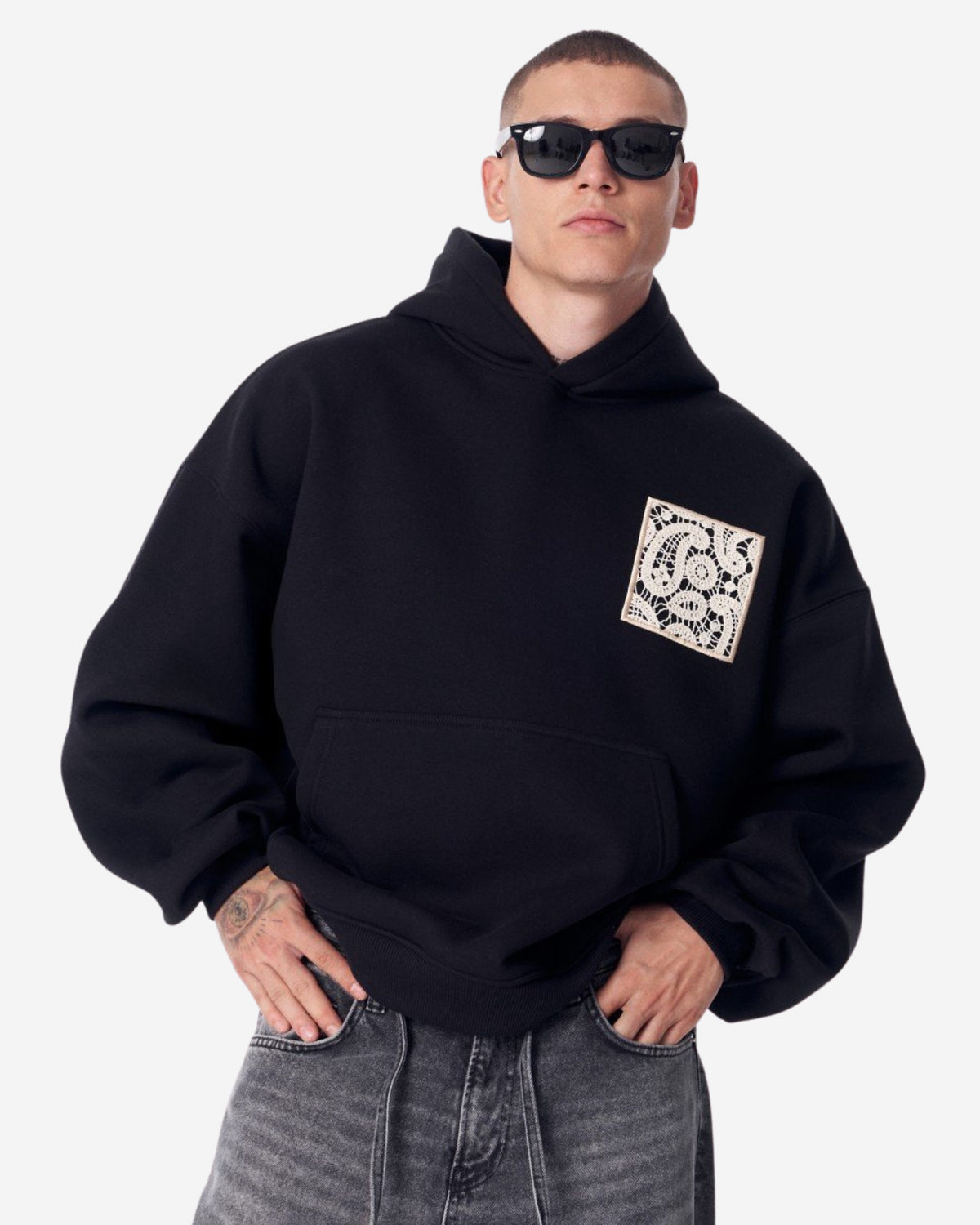  Kapuzenpullover3D bestickter Kapuzenpullover Weiß - Aplike Dantel Kapuzenpullover