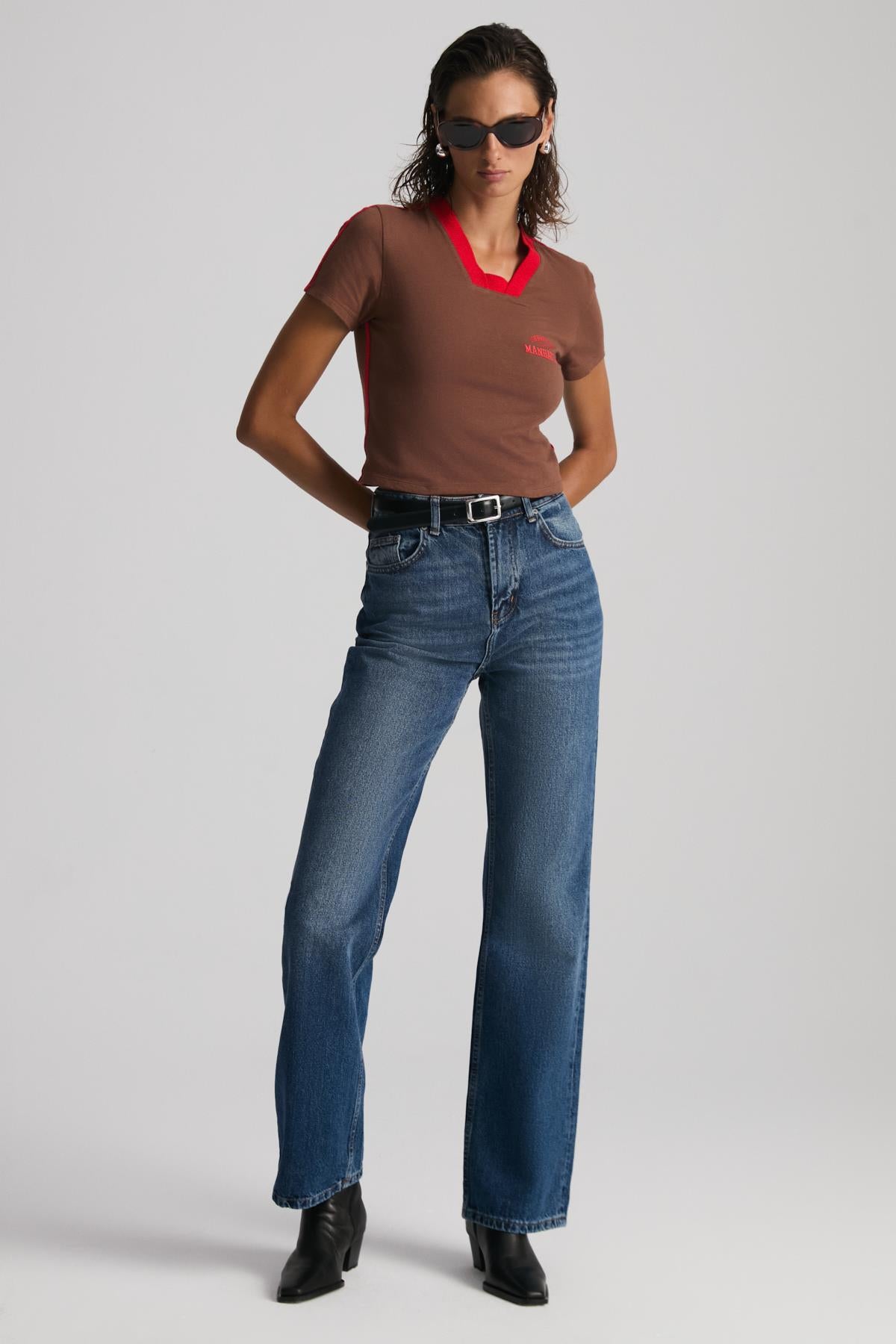 ETHIQUET Damen Baumwoll-Cropshirt Stickerei Braun