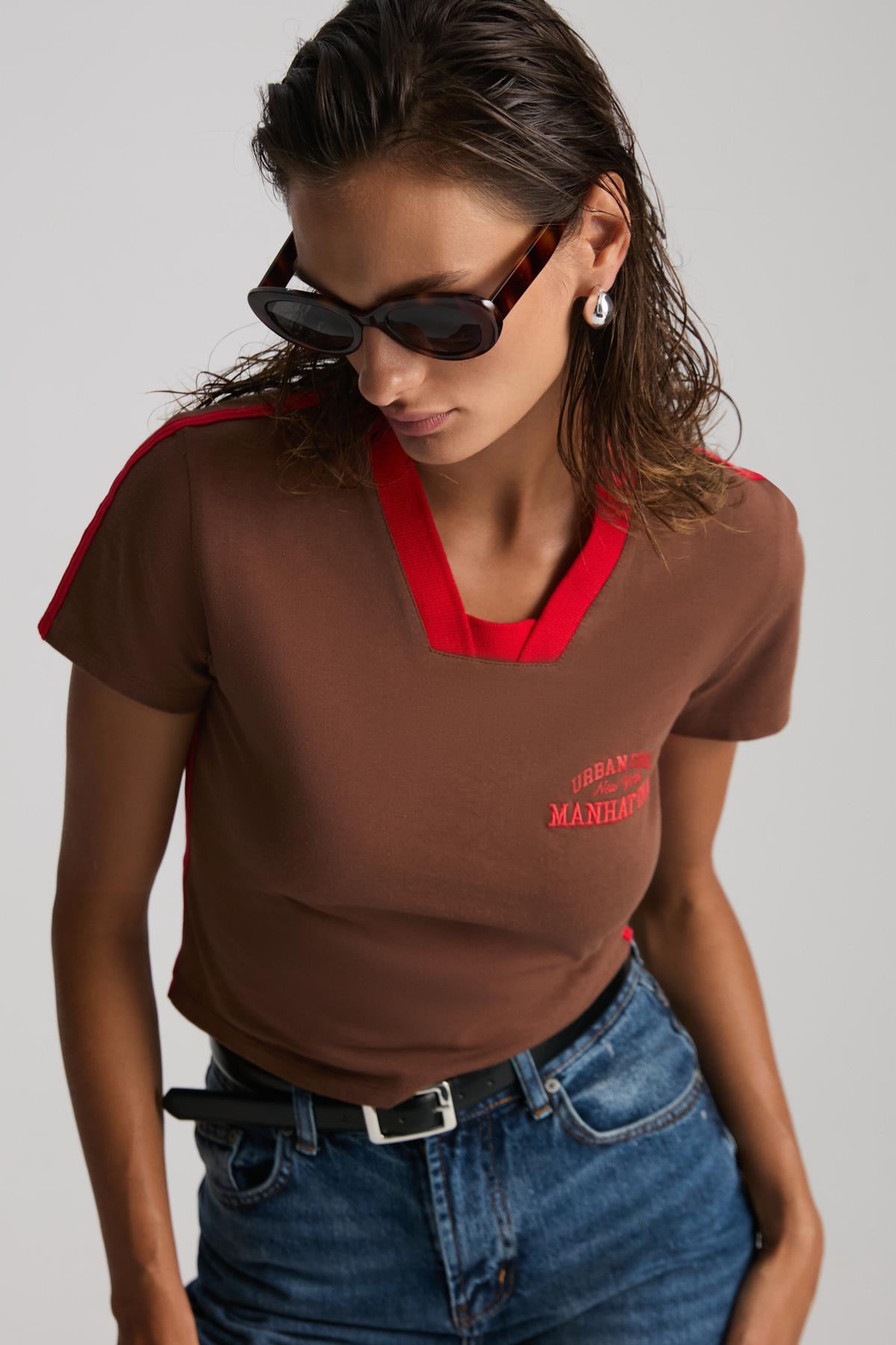 ETHIQUET Damen Baumwoll-Cropshirt Stickerei Braun