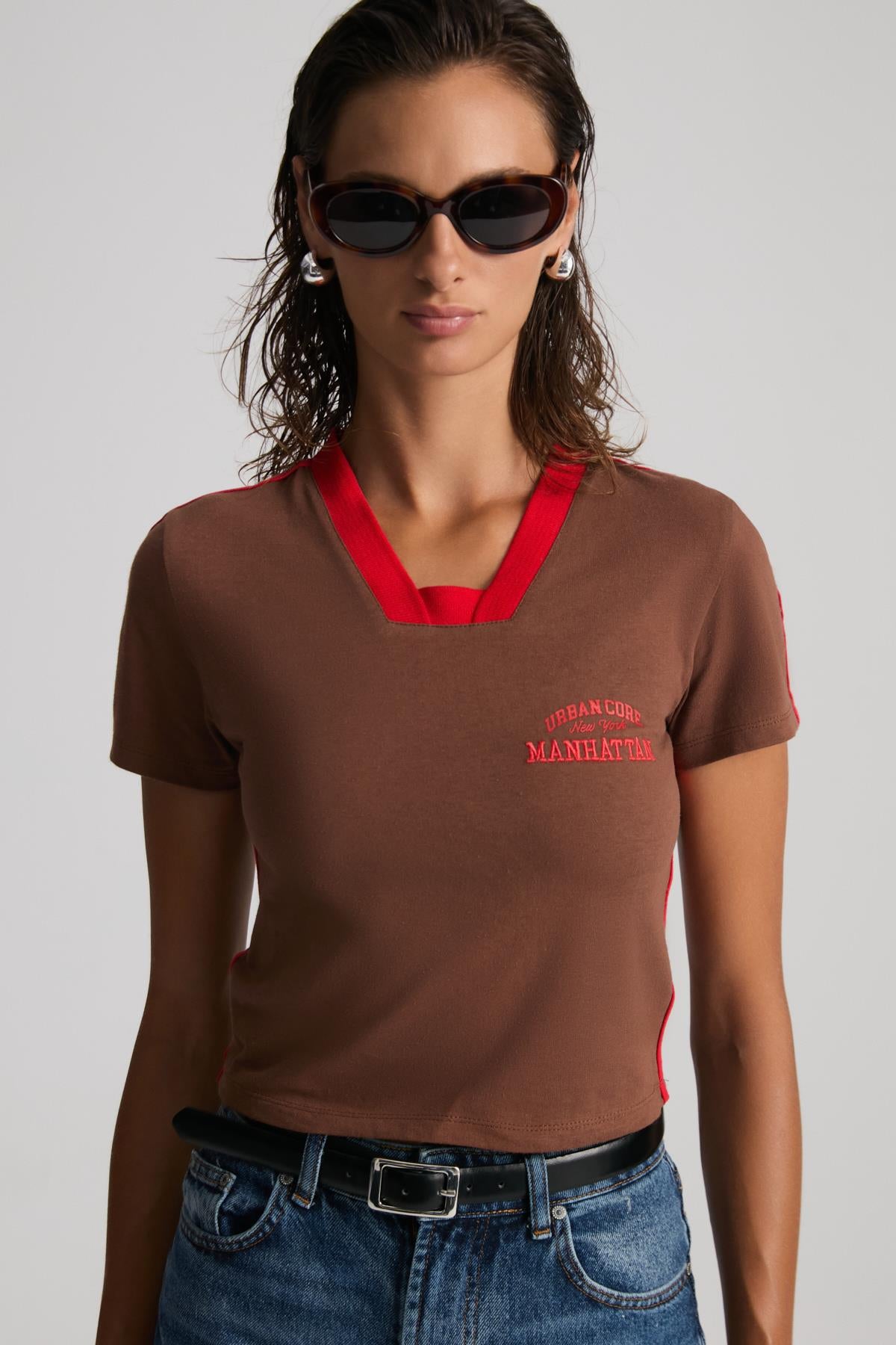 ETHIQUET Damen Baumwoll-Cropshirt Stickerei Braun