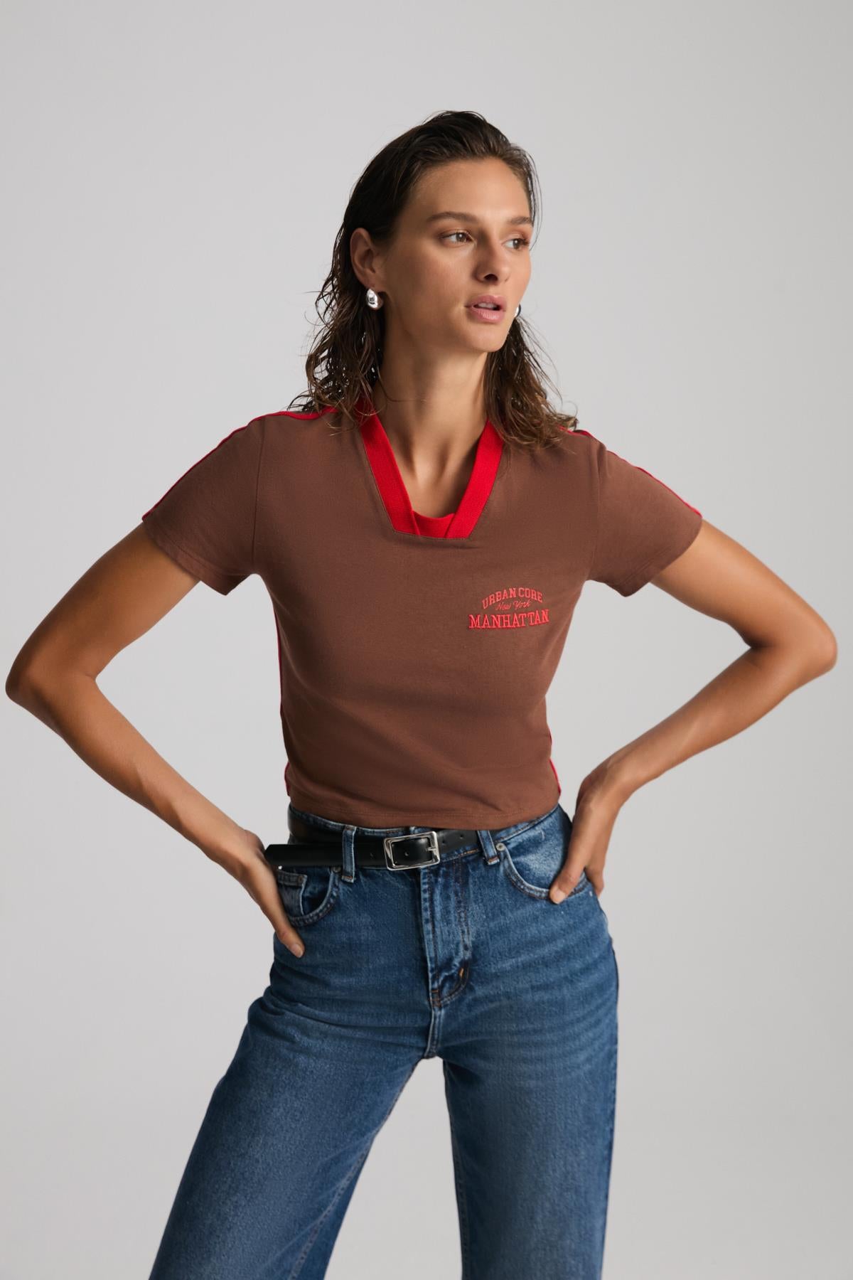 Damen Baumwoll-Cropshirt Stickerei