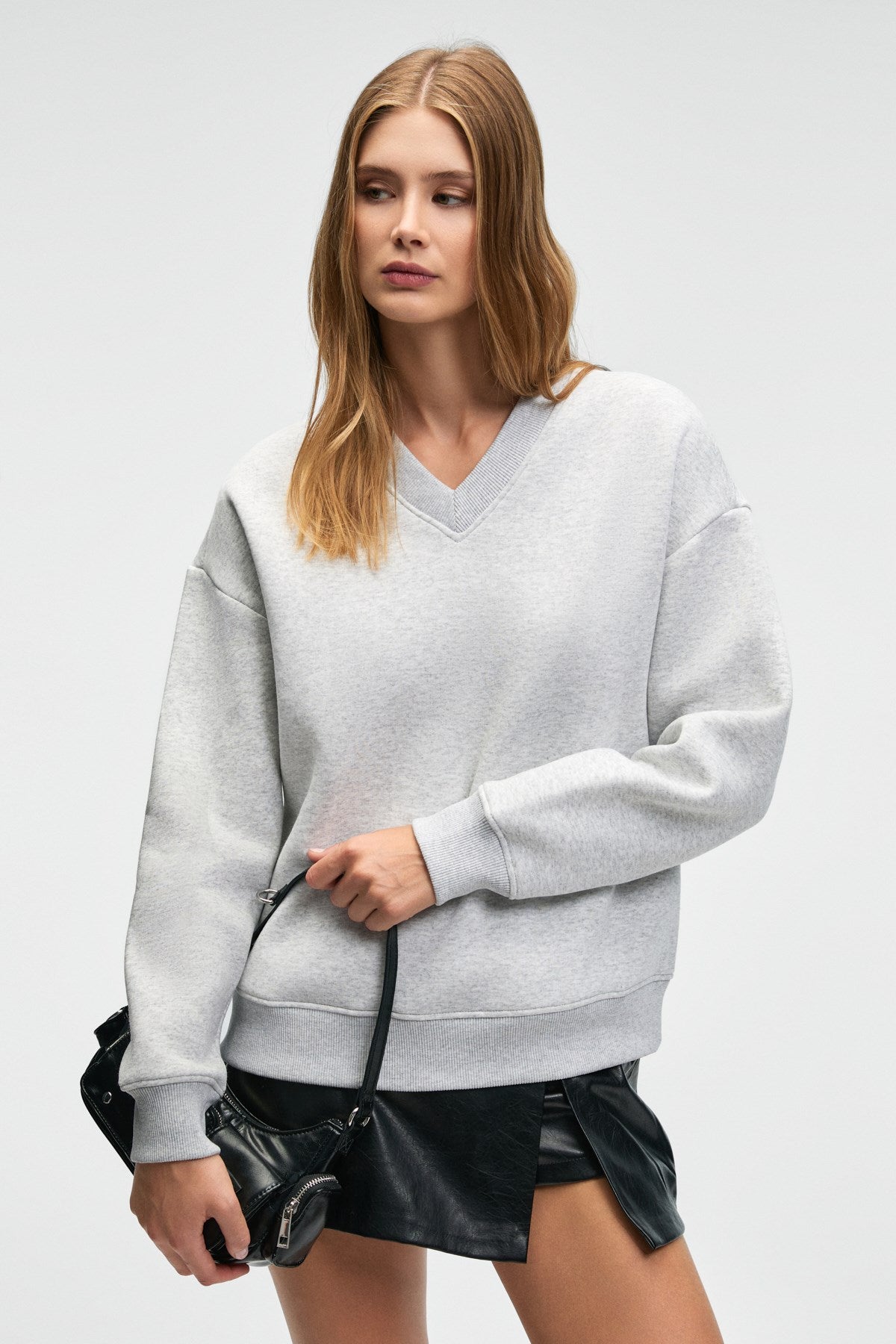 ETHIQUET ARINEL Damen V-Ausschnitt Sweatshirt Graue Melange