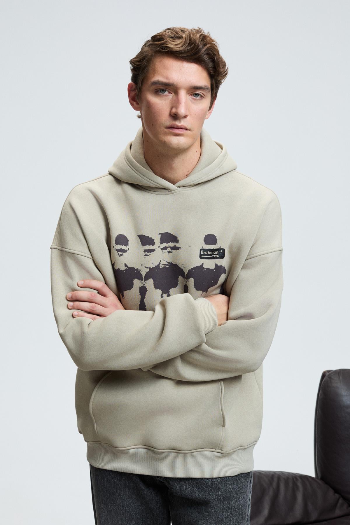 GRIMELANGE Herren Oversized Hoodie Sweatshirt Steinfarbe