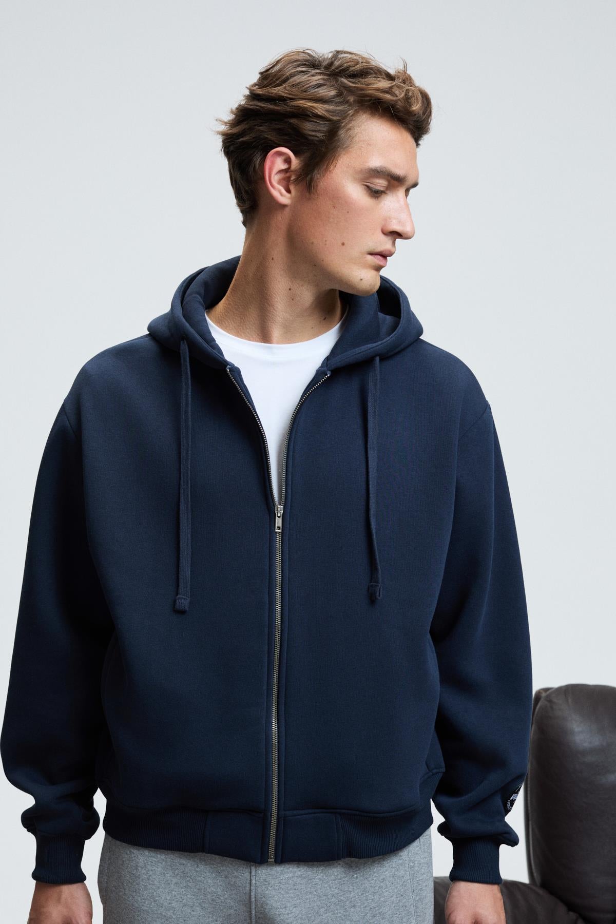 GRIMELANGE Herren Sweatshirt mit Reißverschluss Kapuze Marineblau