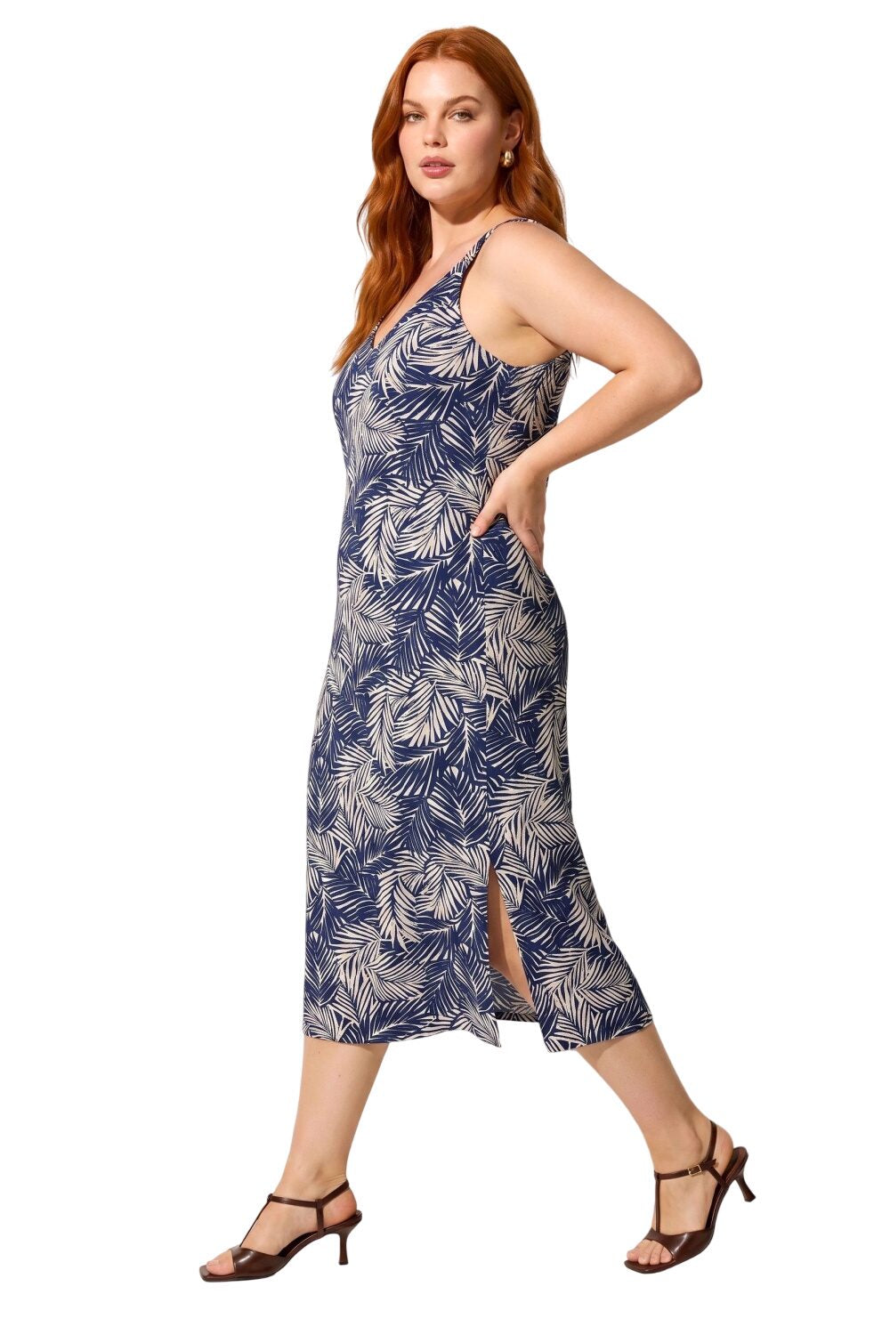 V-Ausschnitt Midi Kleid mit Druck und Träger