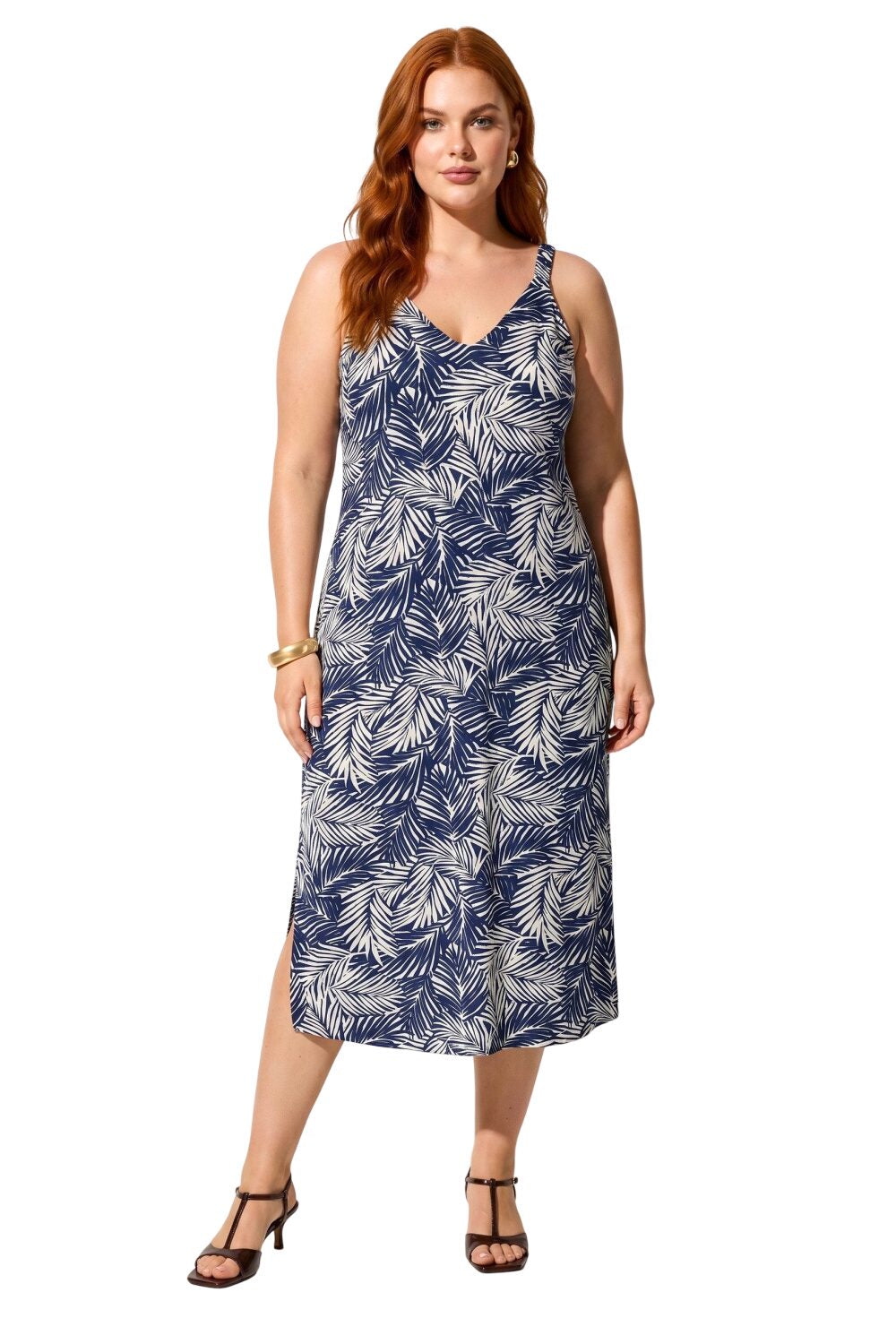 V-Ausschnitt Midi Kleid mit Druck und Träger