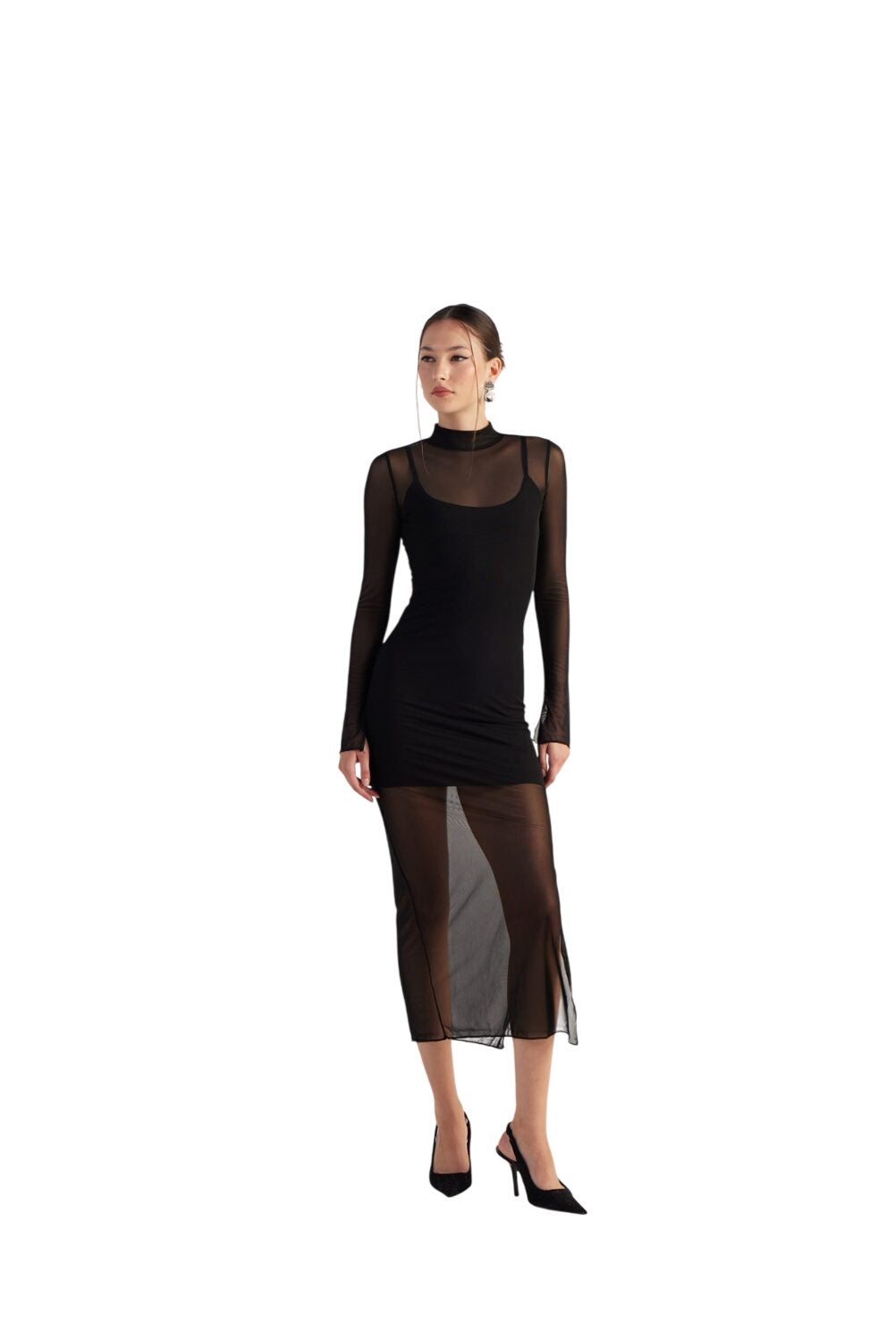 Gefüttertes Halb-Turtleneck Tüllkleid