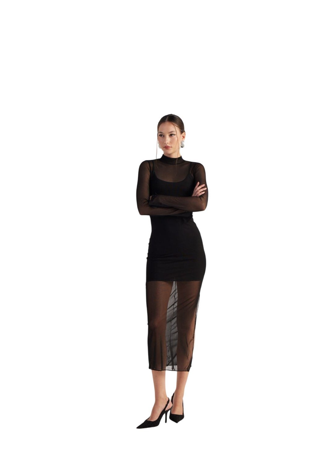 Gefüttertes Halb-Turtleneck Tüllkleid