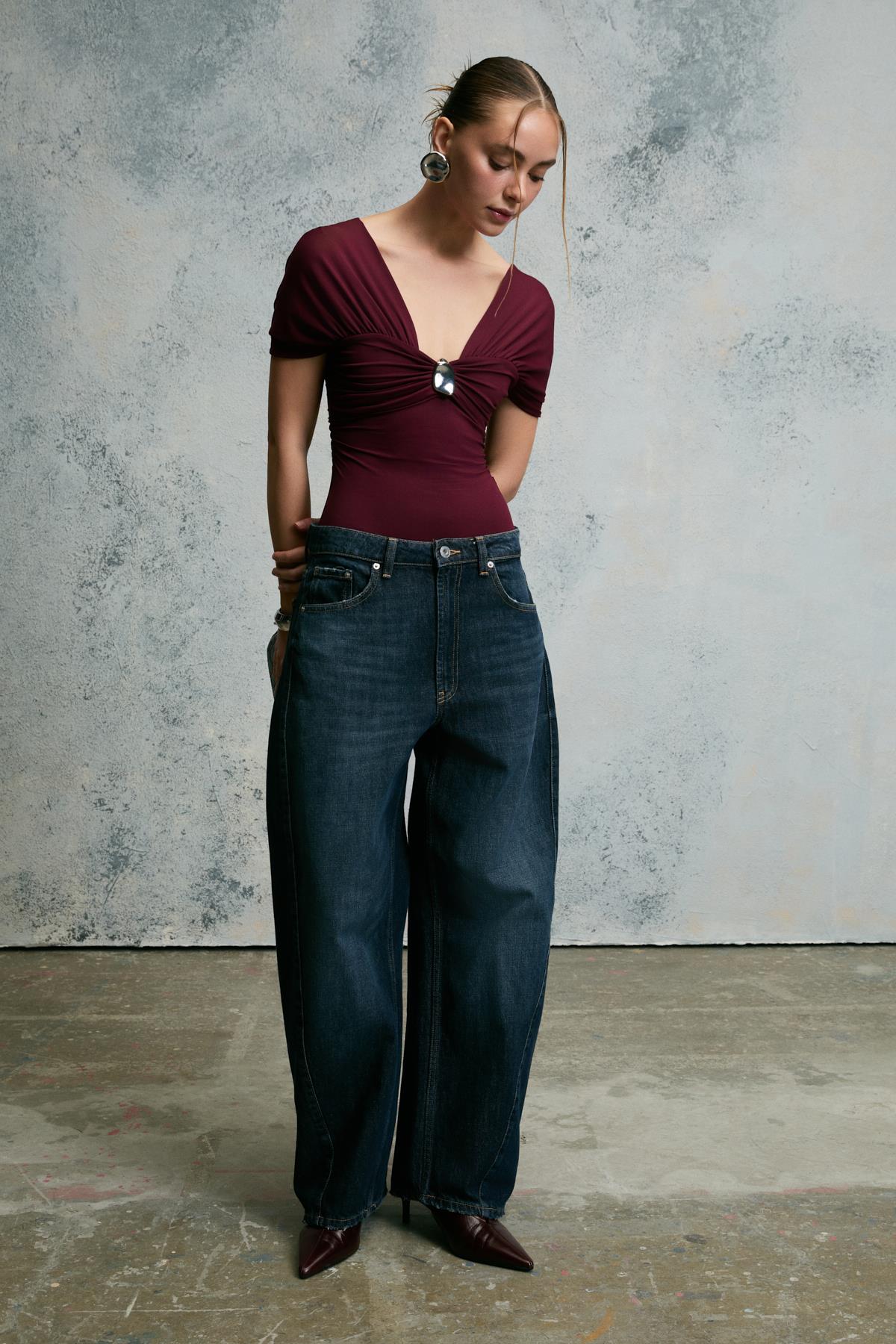 Damen V-Ausschnitt Bluse Schnalle