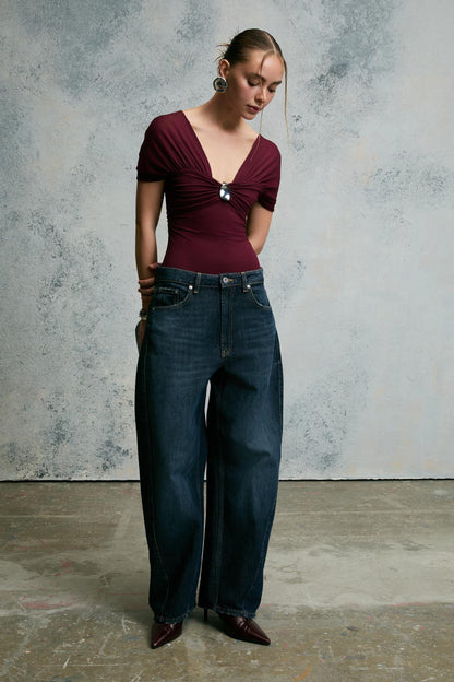 Damen V-Ausschnitt Bluse Schnalle
