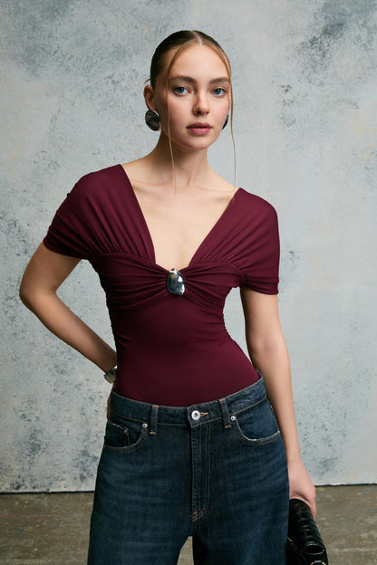 Damen V-Ausschnitt Bluse Schnalle